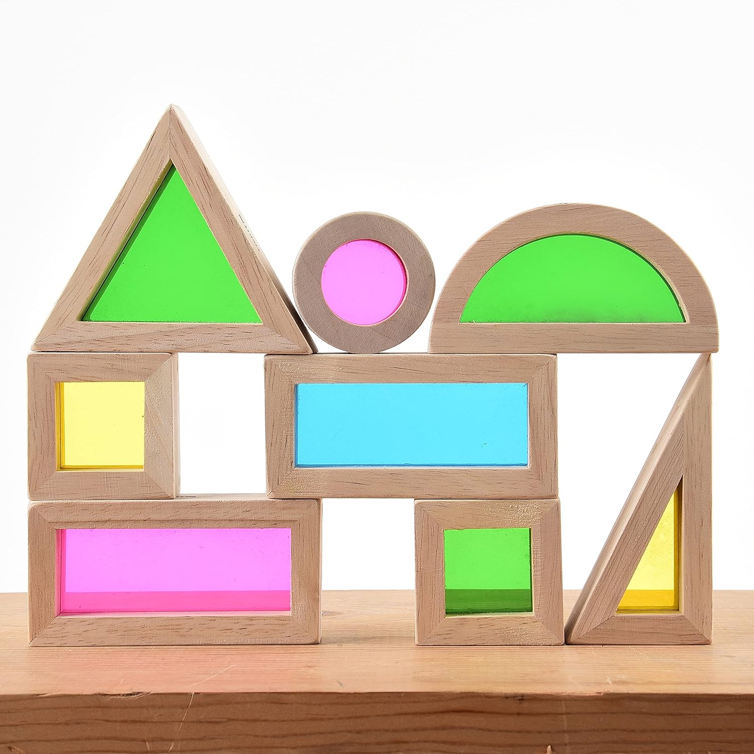 Constructive Playthings Color Mixing Wooden Blocks for Kids, 24-Piece Multicolor Set with Assorted Shapes, STEM Building Toys for Ages 12 Months+