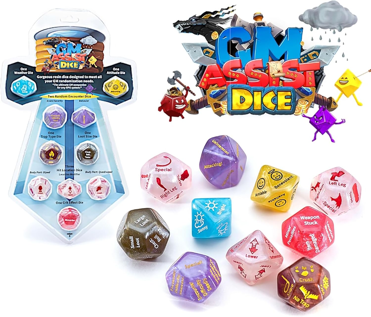 Gate Keeper Games and Dice: GM Assist Dice - 10 Unique Specialty Dice, Game Master Randomization Dice, 10 Resin Dice for Role Playing Games