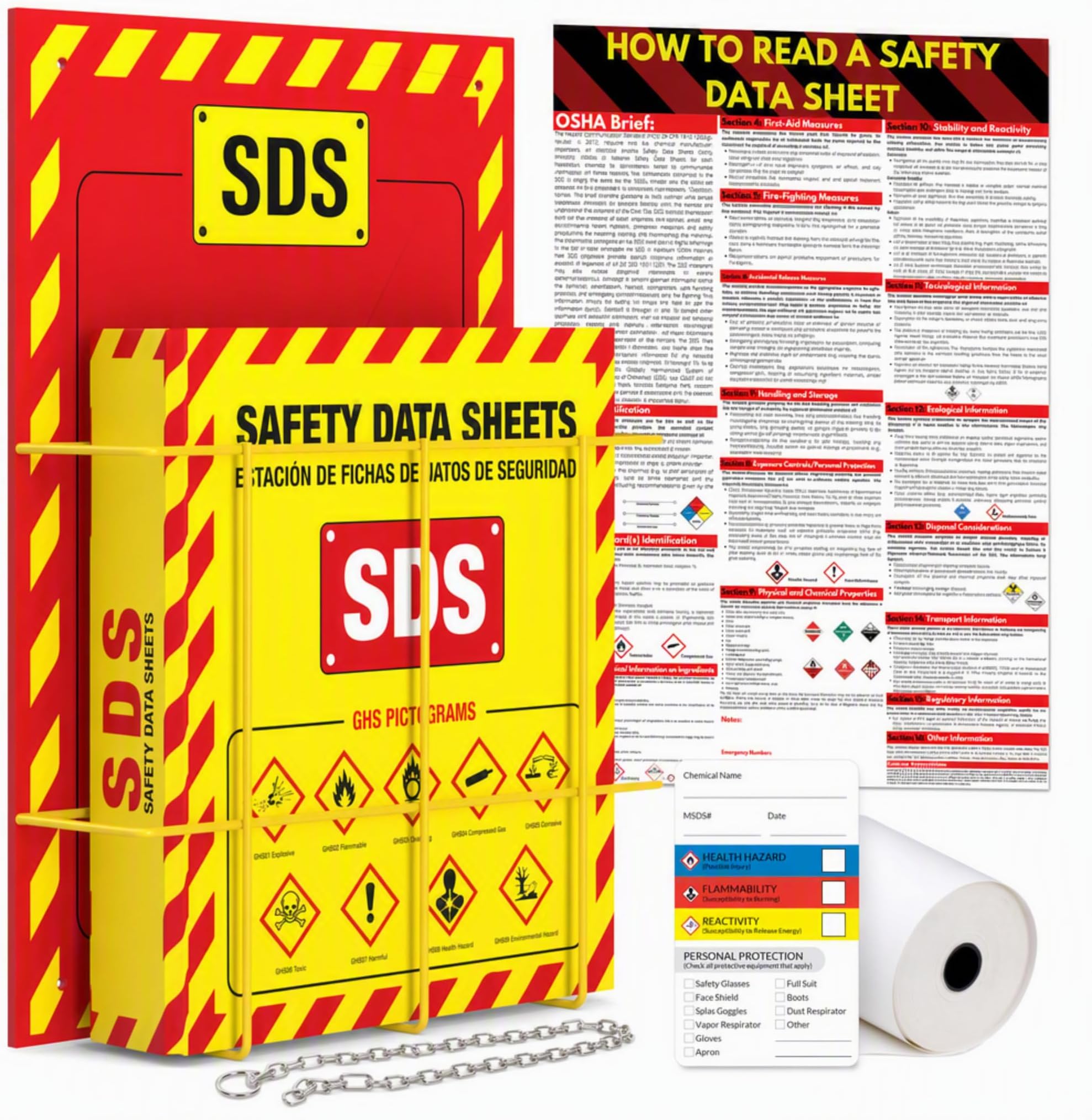 MSDS Wall Station with 3โ SDS Binder & Wire Rack, OSHA/GHS Safety Data Sheet Station, Bilingual Labels, Display Sign, Chain & Mounting Hardware