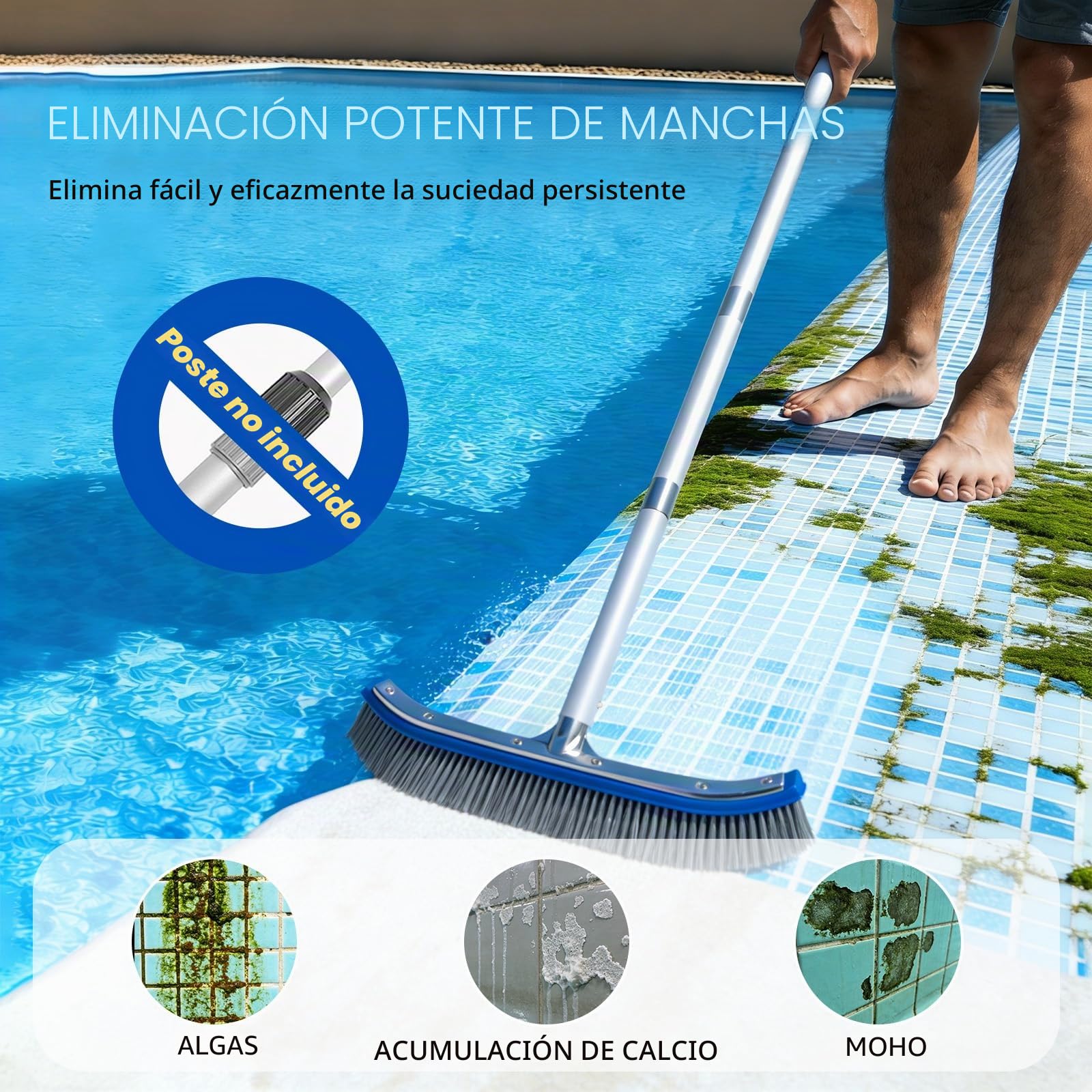 Cepillo Piscina 18 Pulgadas (45,7 cm) con cerdas de Acero y Nylon, Cepillo Limpieza Piscina con Base de Aluminio y Clip EZ para pértiga telescópica, Cepillo Resistente para Fondo y Paredes enterrada