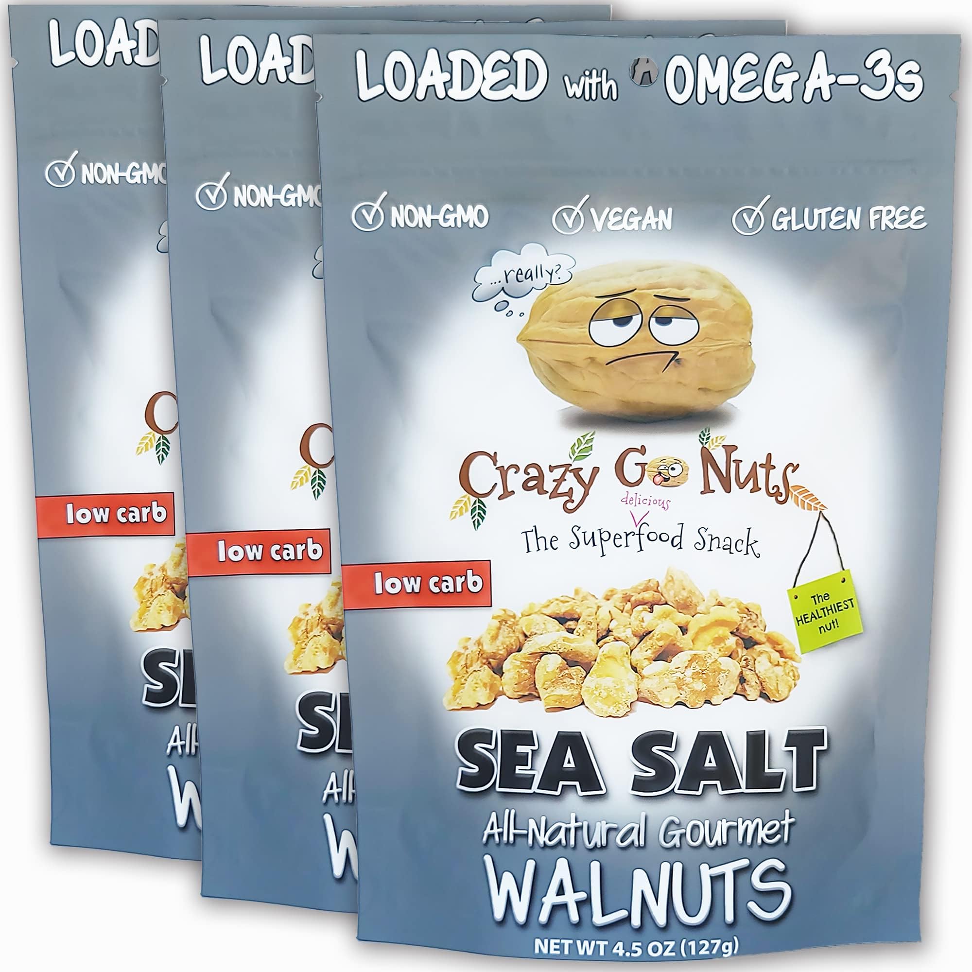 - Crazy Go Nuts Walnuts Plain with Sea Salt - Glazed Walnuts, Vegan, Low Carb, Gluten Free, Superfood-Natural, Non-GMO, ALA, Omega 3 Fatty Acids, Good Fats, and Antioxidants - 4.5 Oz, 3-Pack