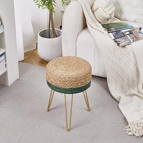 Miniatura 4 de Cpintltr Natural Seagrass - Pufs de tejido a mano, taburete otomano de terciopelo, taburete otomano redondo con patas de metal para sala de estar,