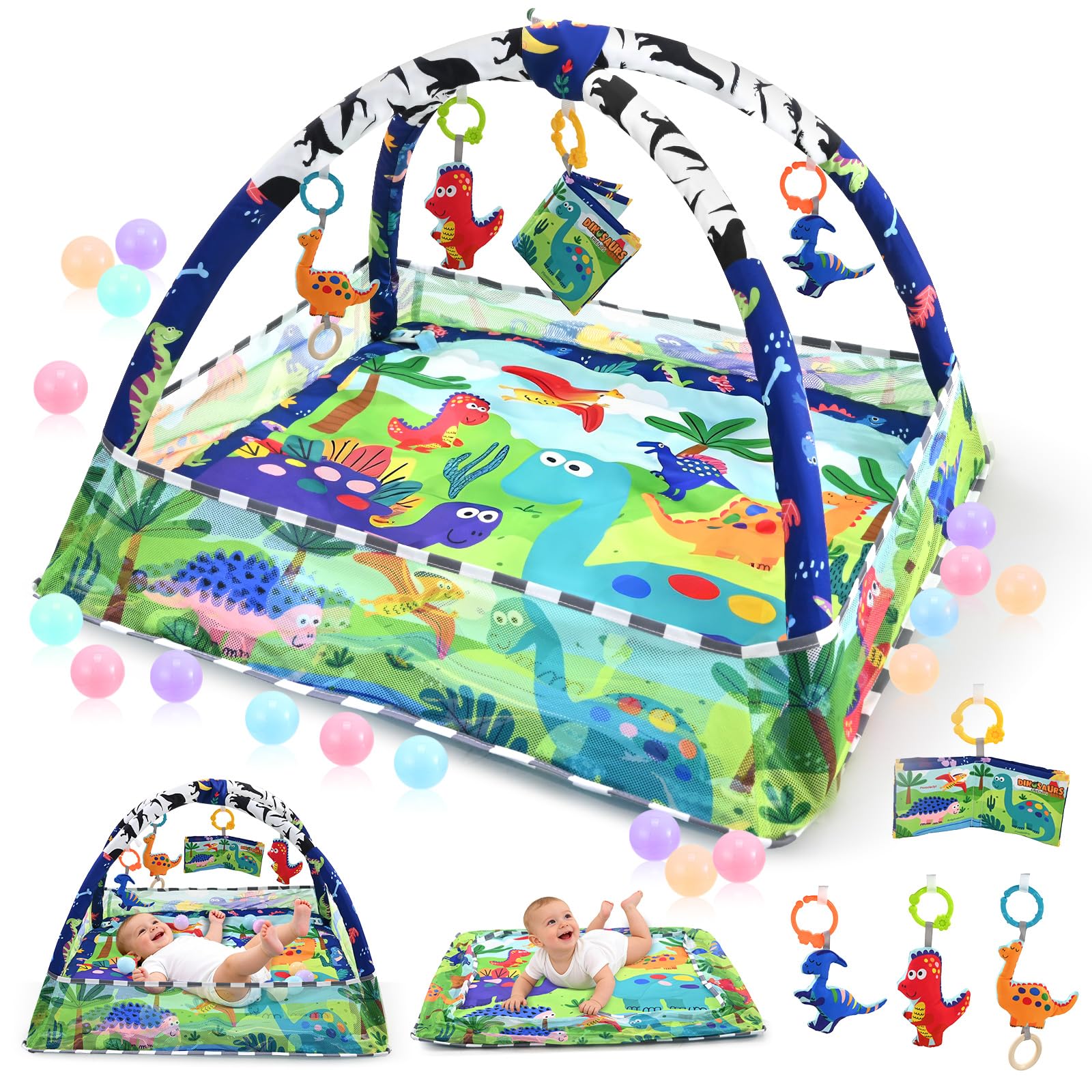 Spielbogen Baby Interaktiv-5 in1 Krabbeldecke Spielmatte mit 5 Sensori,Baby Gym Activity Matte,Laufstall Ersatz,Spieldecke für Bauchlag,Tierische Natur Design für Neugeborene ab Geburt bis 18 Monate