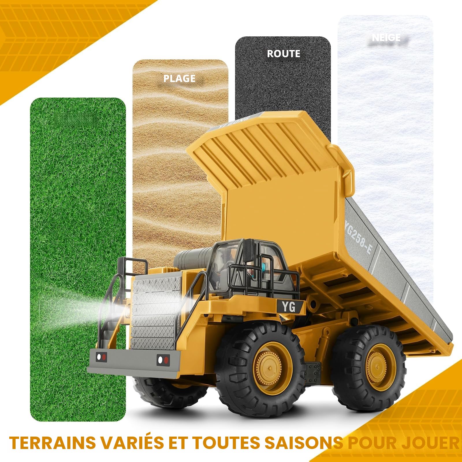 KIZJORYA Camion-Benne Télécommandé, Véhicule de Construction RC pour Enfants, 9 Canaux, Son Lumière, Batterie Rechargeable, Jouet Électrique pour Garçons Filles de 3 Ans et Plus