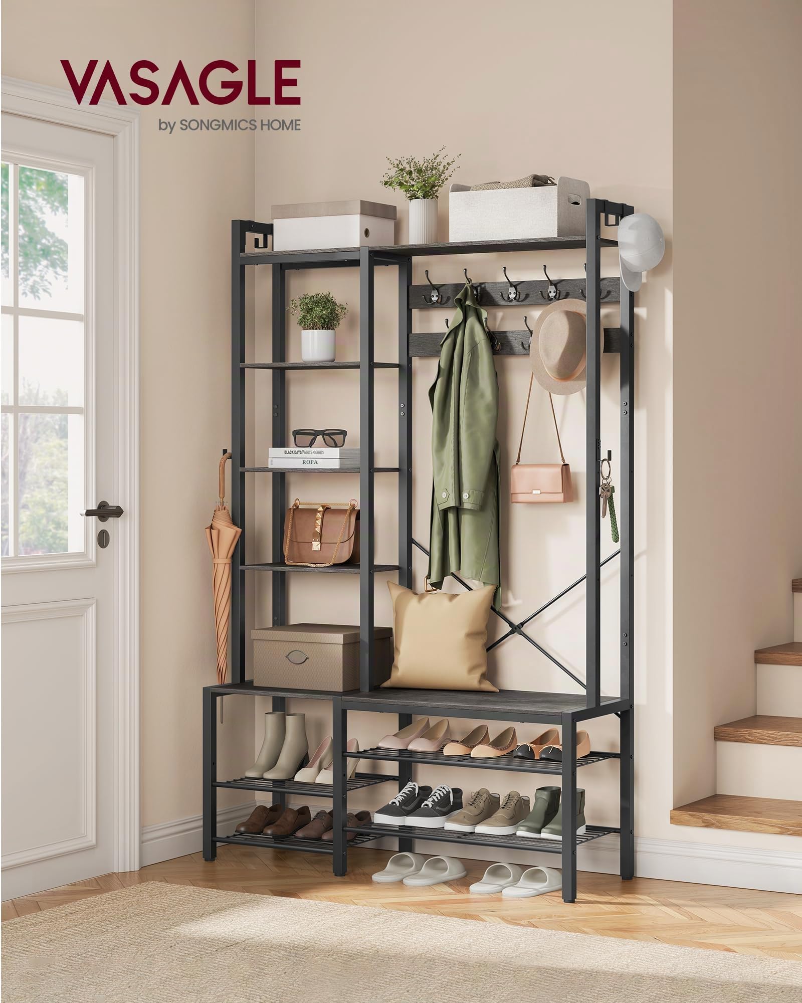 VASAGLE Perchero Recibidor con Banco Zapatero y 5 Estantes de Almacenaje, 9 Ganchos para Ropa y 6 Ganchos Laterales, 40 x 120 x 190 cm, Gris Piedra y Negro Tinta HSR426B04