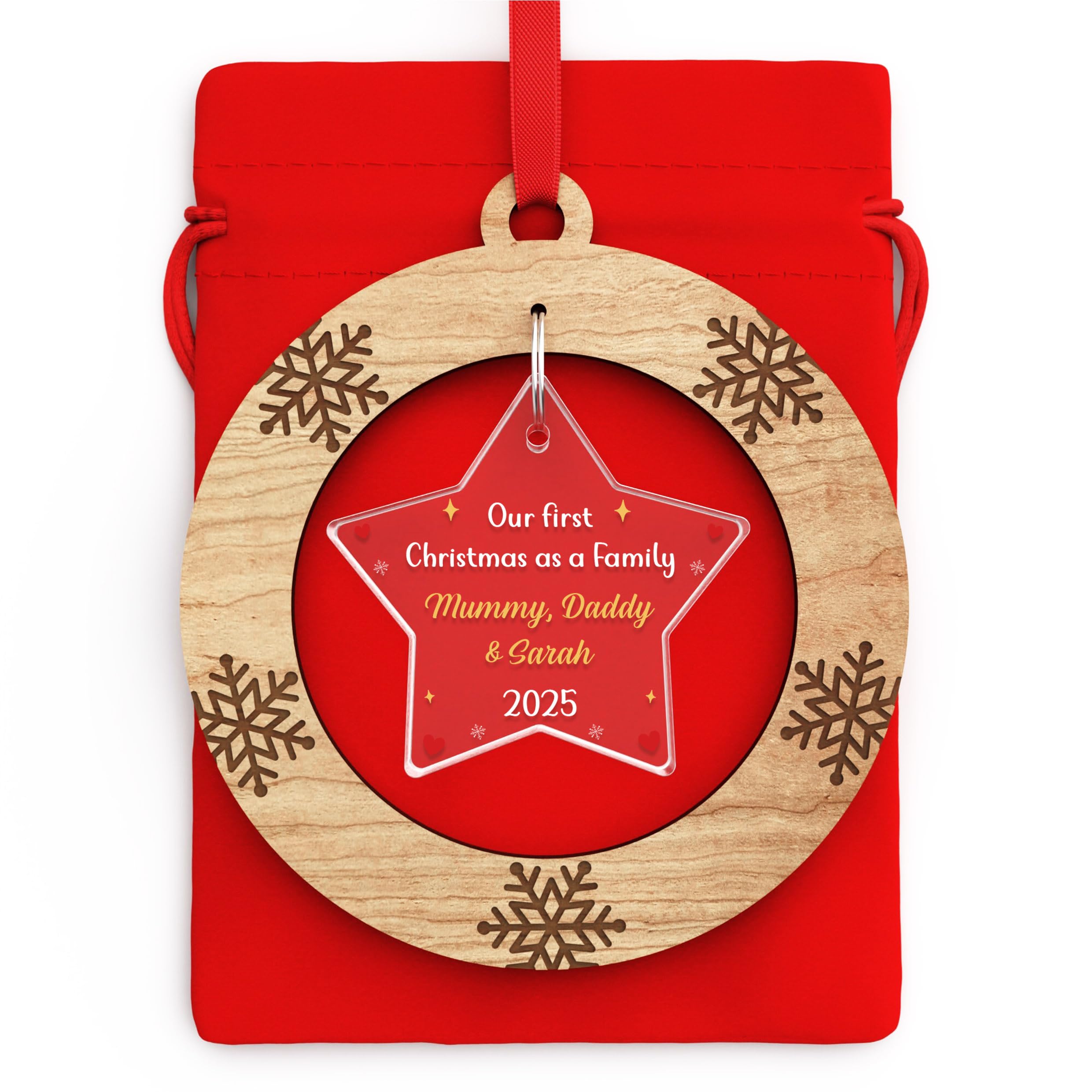 Our First Christmas As A Family 2025 Decoration, Personalised Wooden 1st First Christmas As A Family of 3 Ornament, With Red Bag