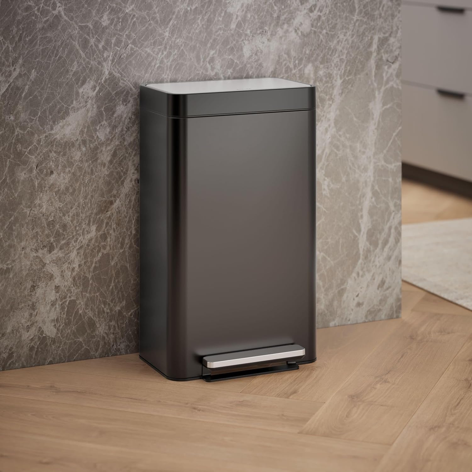 Kohler K-20941-BST Kitchen Trash Can, 8 Gallon Trash Can Trash with Quiet-Close Lid and Hands Free Foot Pedal in Black Stainless Steel