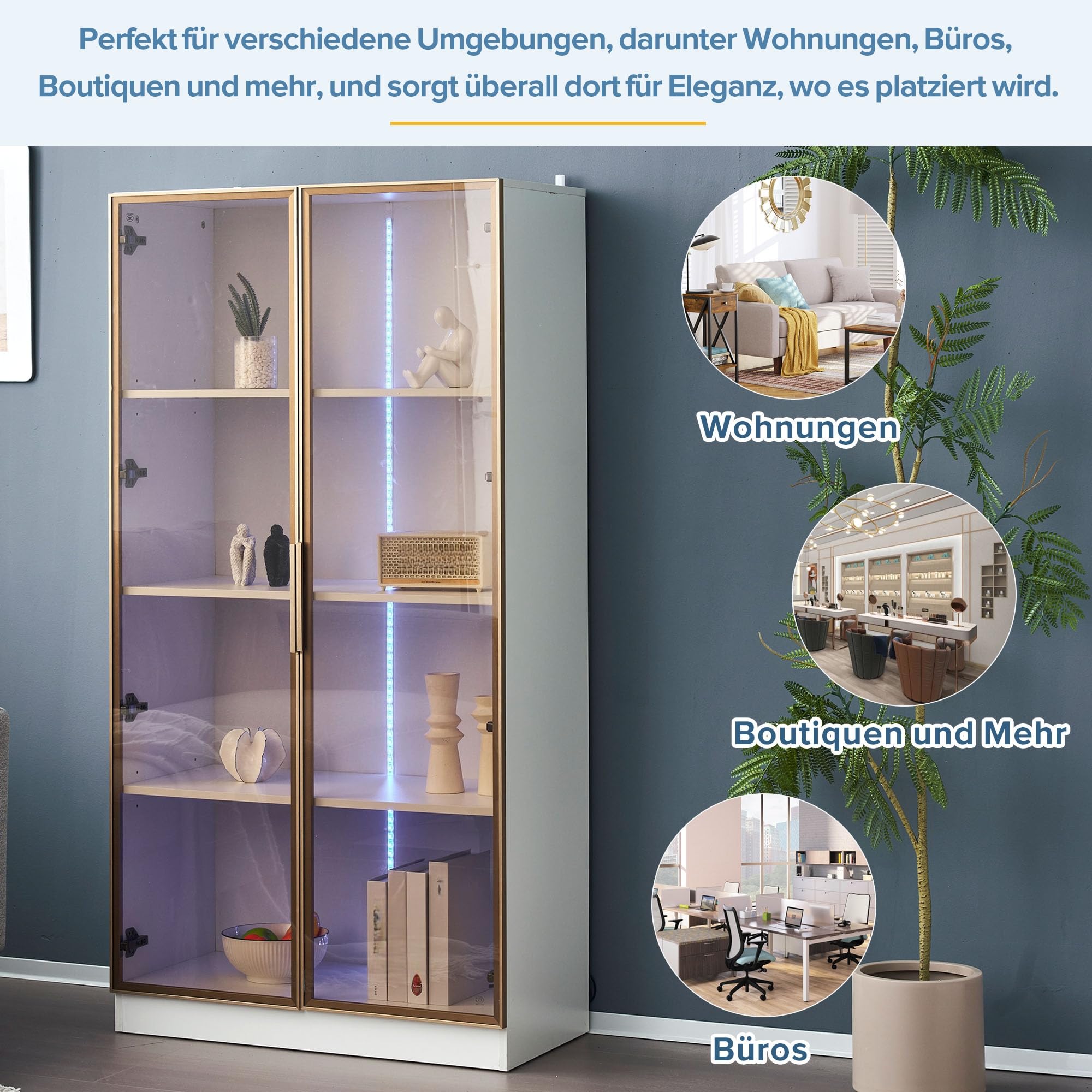 Rtopsu Vetrina Espositiva in Vetro Bianco con Illuminazione a LED a 16 Colori per Collezionismo, Vetrina con 2 Ante e Ripiani Mobili, Libreria Armadio Alto per Soggiorno Camera da Letto, 160x80x40 cm