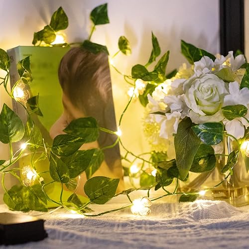 Miniatura 6 de Vigdur 2 paquetes de luces de vid  Cadena de luces de hiedra de hojas pequeñas con 48 luces de flores, funciona con pilas, impermeable, para