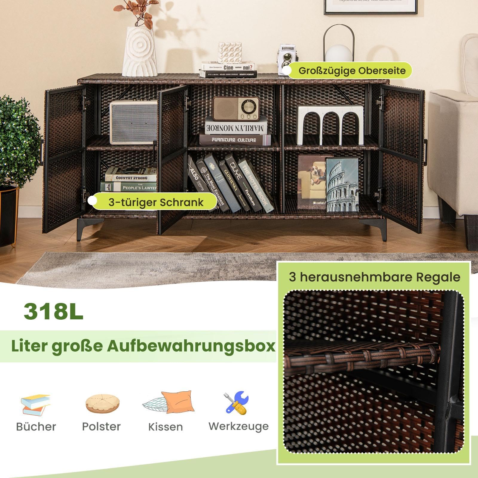 COSTWAY Gartenschrank Rattan, Terrassenschrank mit Türen & abnembaren Regalen, Balkonschrank, Outdoor Aufbewahrungsschrank für Garten, Terrasse, 135 x 50 x 70,5 cm (Braun)