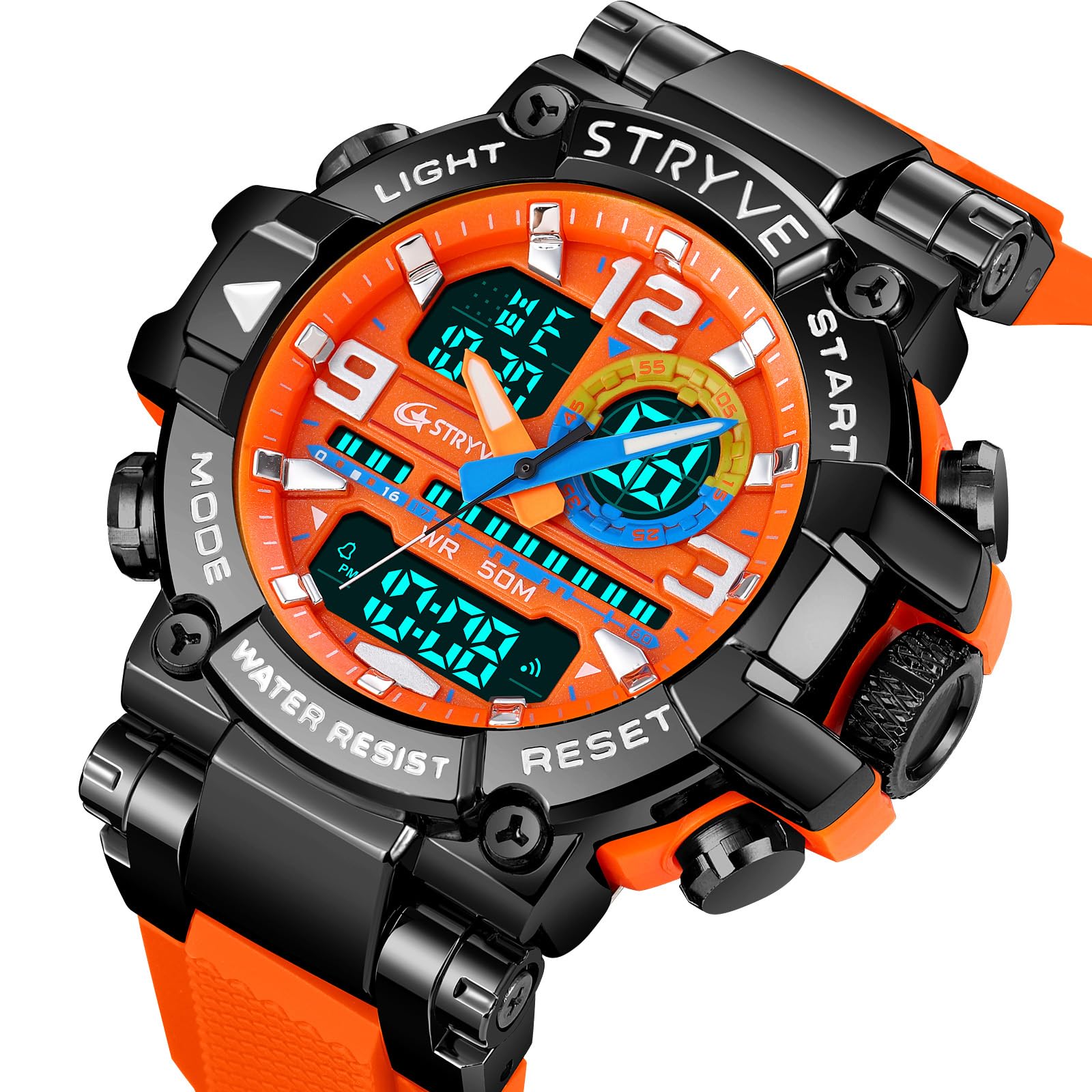 MASTOP Montre de sport colorée pour homme - Grand cadran - 55 mm - Étanche jusqu'à 50 m - Étanche jusqu'à 50 m - Style militaire - Affichage de la date - Alarme LED - Robuste - Pour l'entraînement, la