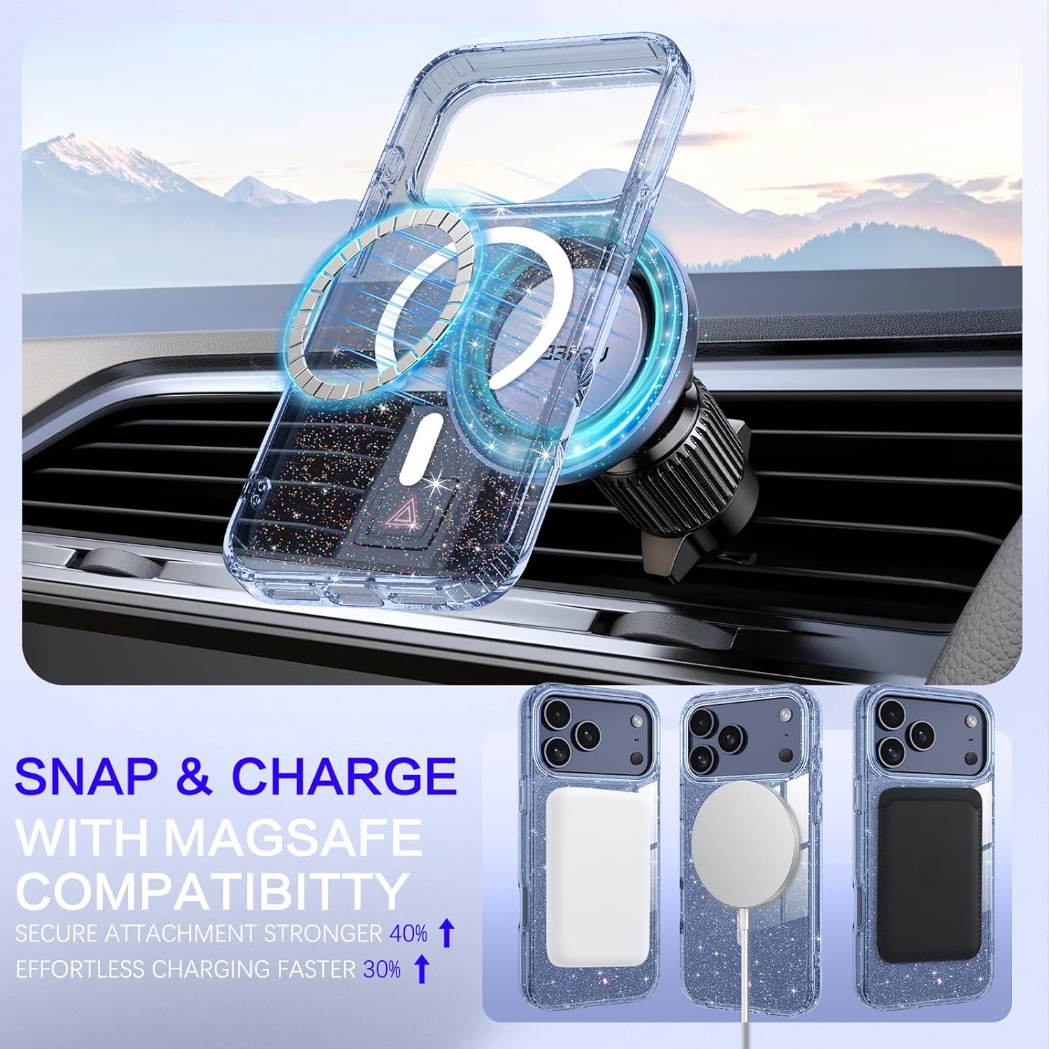 BENTOBEN Magnetic for iPhone 17 Pro Max Case, Clear Crystal Glitter Bling 17 Pro Max Phone Case [Compatible with MagSafe], Shockproof Sparkly Cute Women Girl Cover for iPhone 17 Pro Max, Deep Blue - Image 2