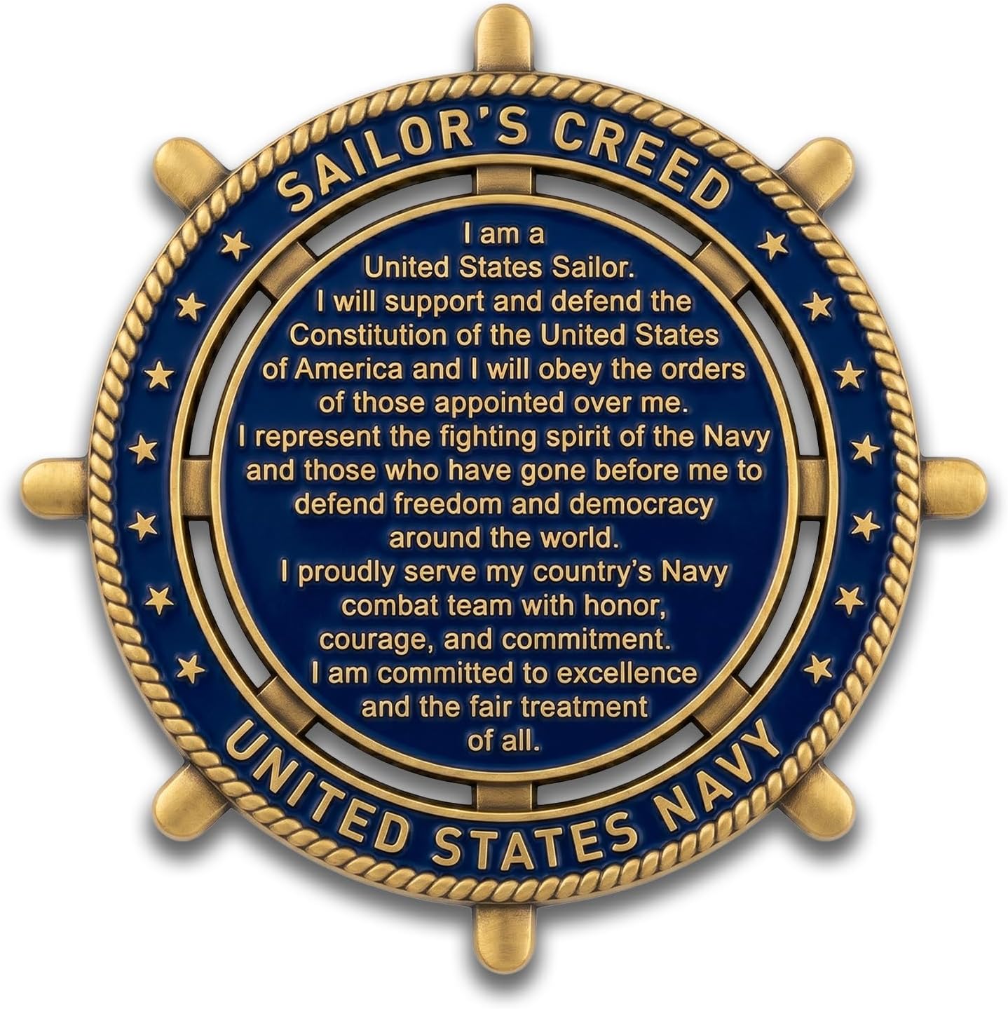 US Navy Challenge Coin Sailor’s Creed Engraved Zinc Alloy Coin Honor Courage Commitment Patriotic Navy Gift for Men, Active Duty Sailors, Veterans, Boot Camp Graduation Ship Wheel Design with Flag Jet