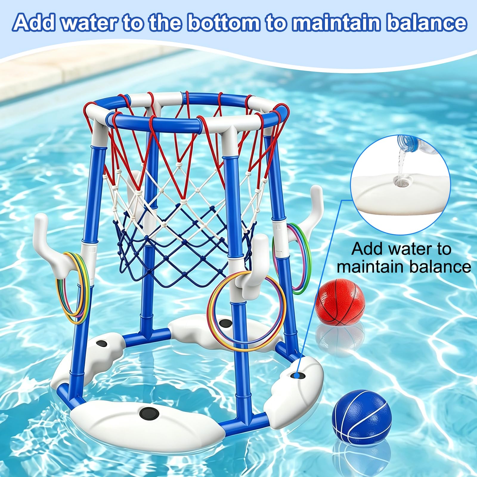 Pool Basketballkorb, 2-in-1 Pool Basketballkorb mit Ringwurfspiel für Kinder und Erwachsene mit 2 Bällen, 12 Ringen und Pumpe, Schwimmender Pool-Basketballkorb für Wasserspielzeug Sommer-Poolparty