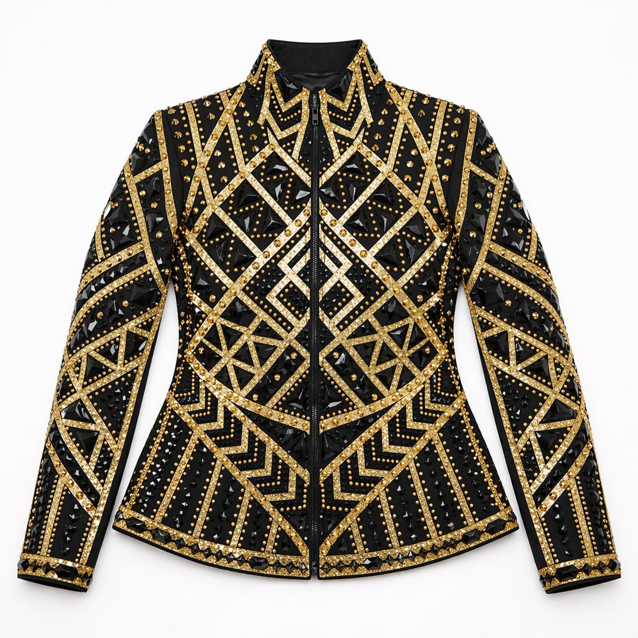Women’s Western Show Jacket Black & Gold – Equestrian Riding Coat with Geometric Crystal Design