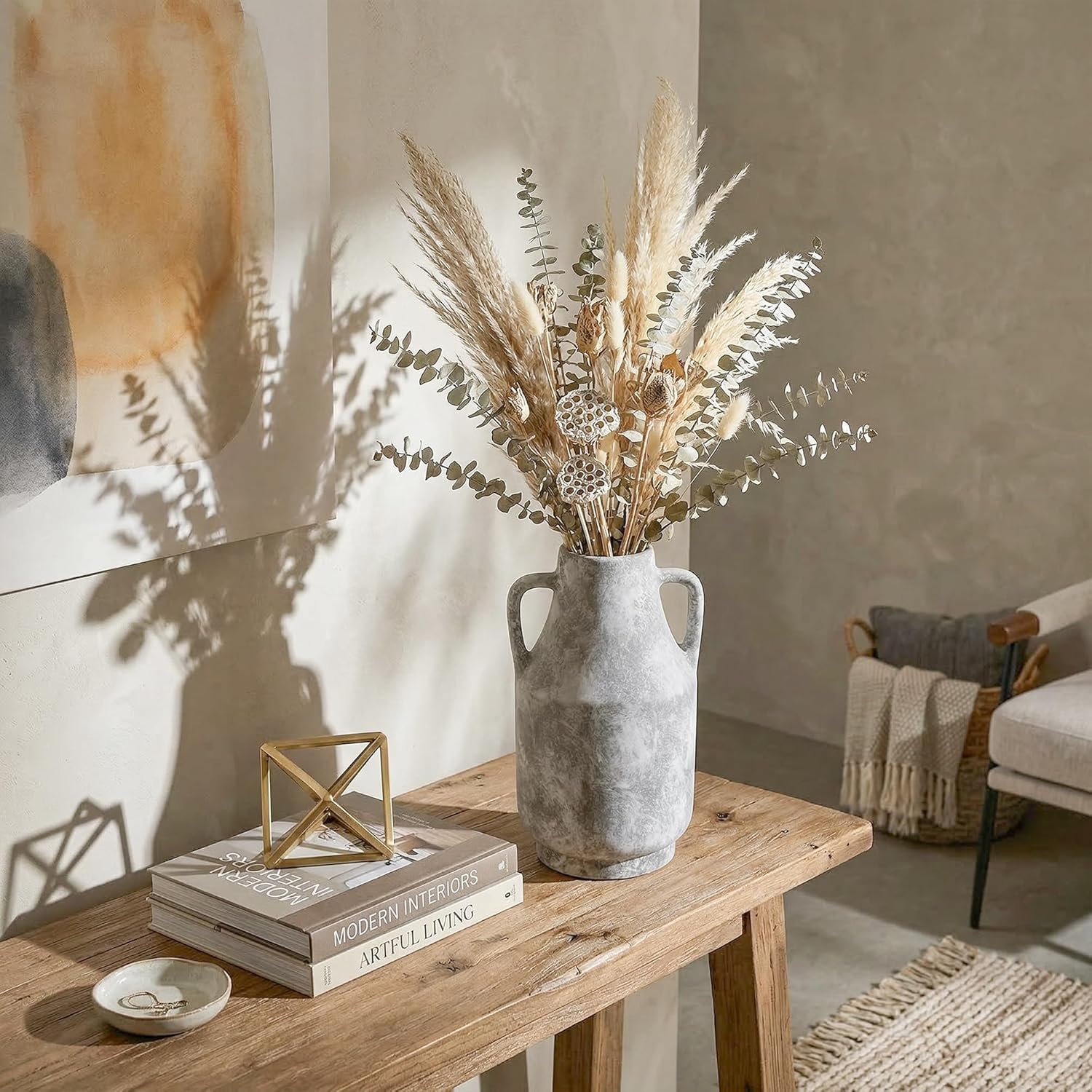 Grey Ceramic Flower Vase with Handles, 11 in Tall Rustic Farmhouse Pottery Vases Decorative Large Vases for Living Room Entryway Kitchen Table Centerpieces Home Decor
