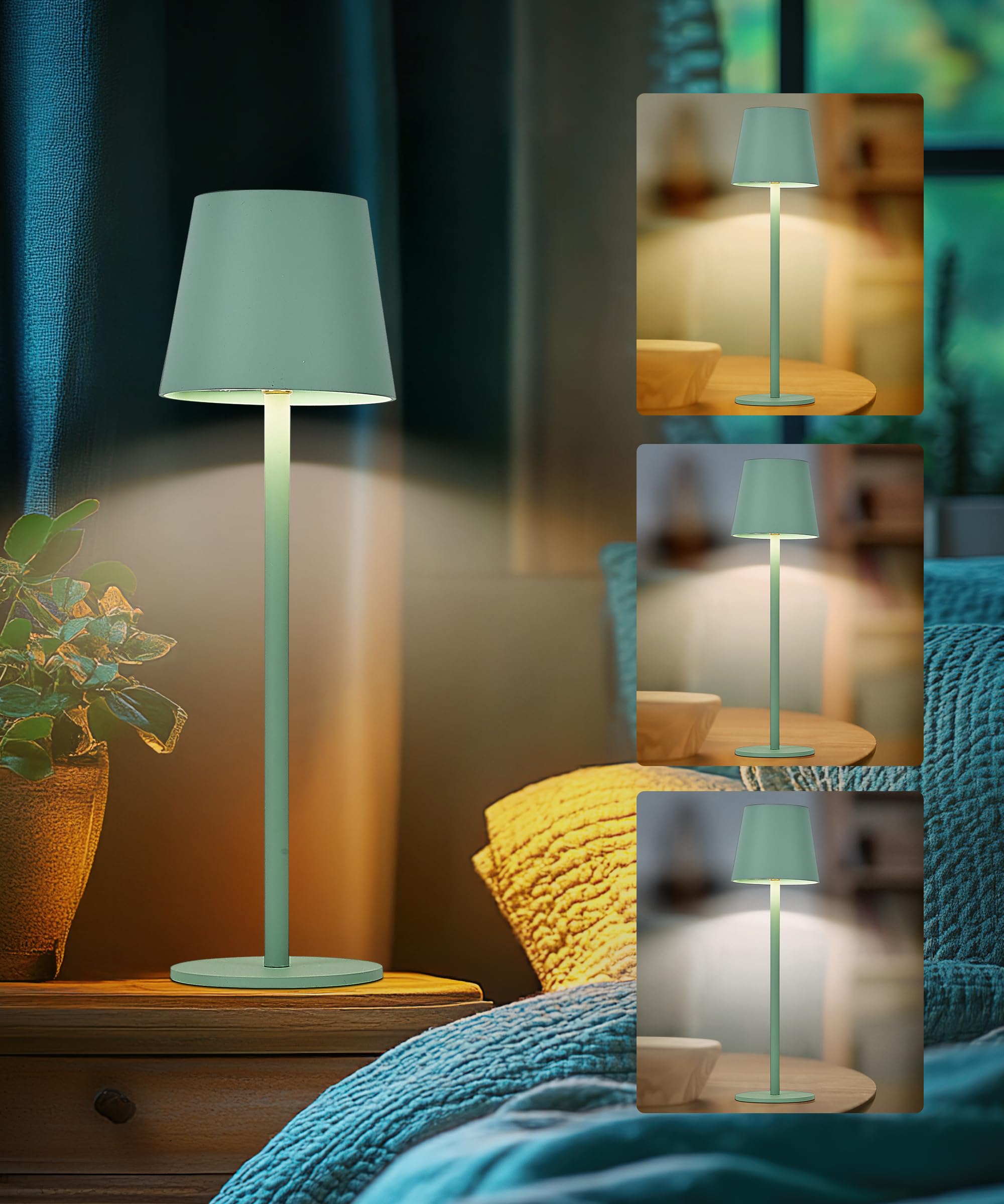 Faithorse Rechargeable Lamp Cordless Table Lamp, 2 Pack Battery Operated Lamps 5200mAh IP54 Waterproof Wireless Lamp with 3-Color Modes Touch Control Night Light for Bedroom(Vintage Green)