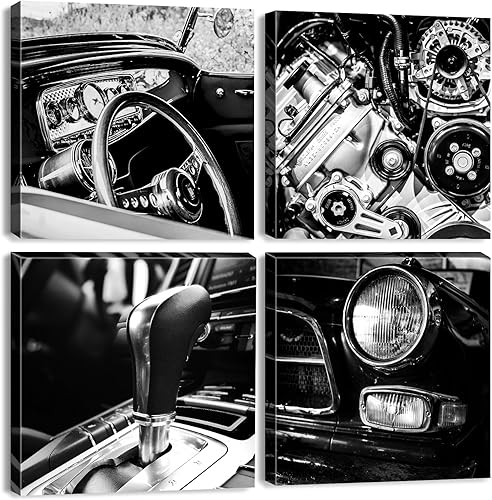 AIYISU Arte de pared vintage para automóvil, decoración de pared en blanco y negro para habitación de niños, fotos de faros delanteros retro,