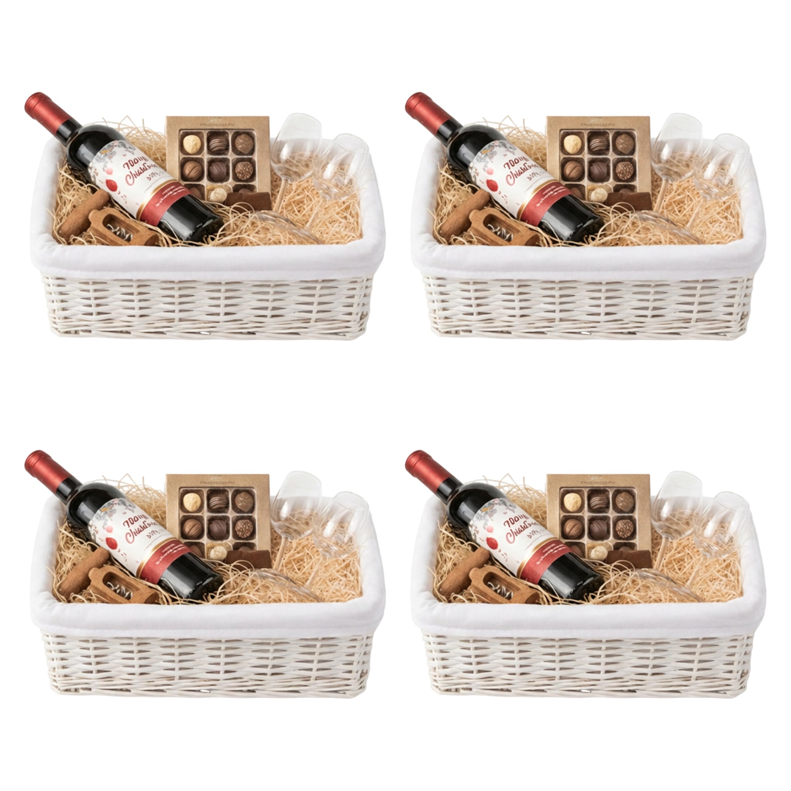 H-LINE 4 x SMALL White Wicker Willow Storage Baskets with Cloth Lining Ideal for Christmas/Easter/Newborn Gift Hamper, Make Your Own Hamper