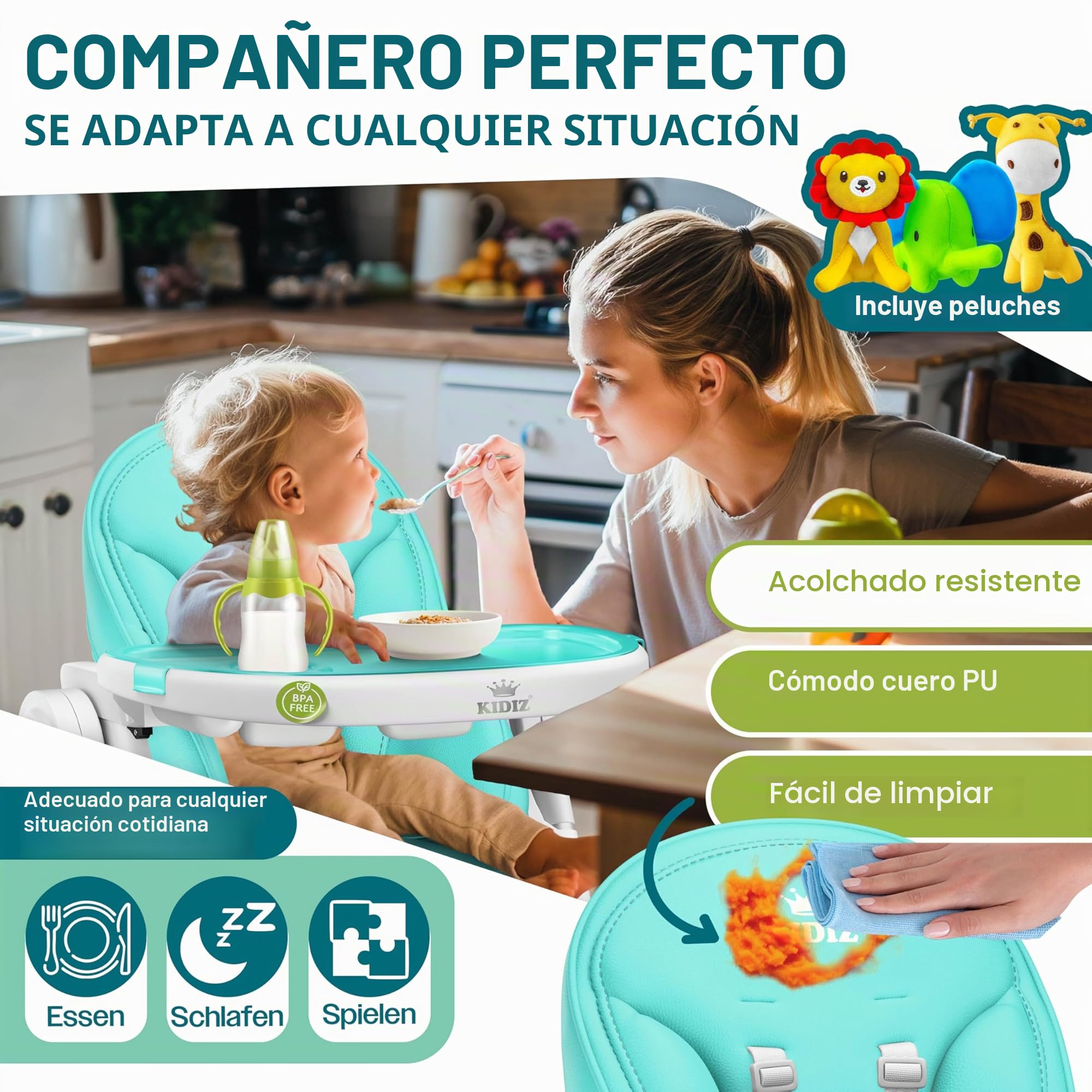 KIDIZ Trona 3 en 1, incluye barra de juegos y tumbona para bebé, asiento alto regulable 7 alturas, respaldo ajustable 0-36 meses