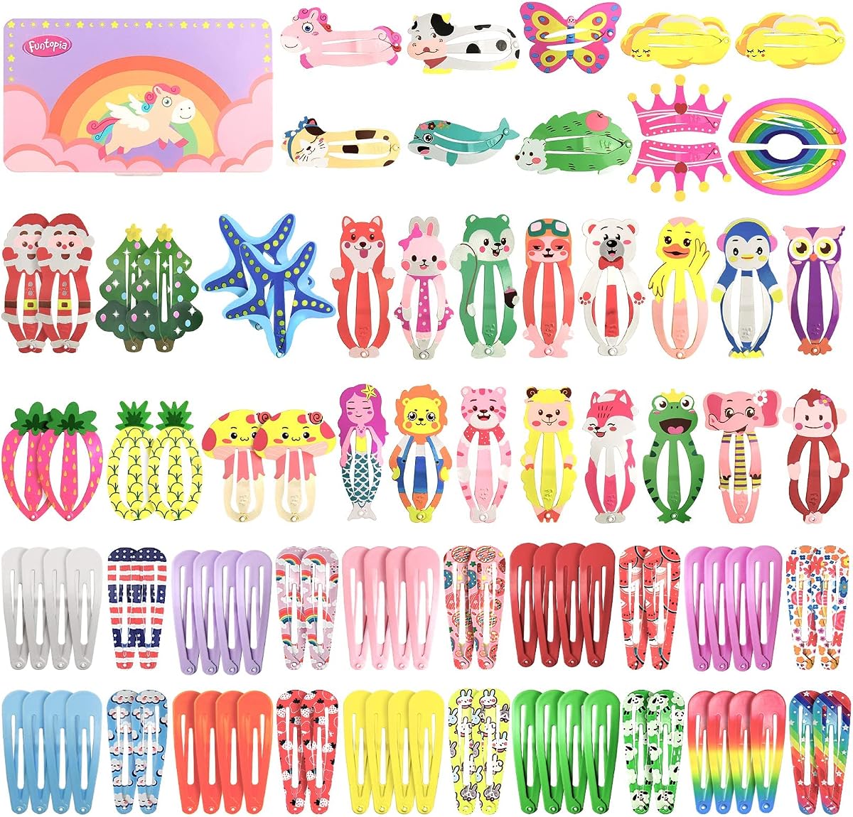 Hair Clips, Funtopia 100Pcs Cute Snap Clips Barrettes for Women Kids Girls | Colorful No Slips Metal Fruit Animal Hair Clip for Birthday Party Christmas Gift