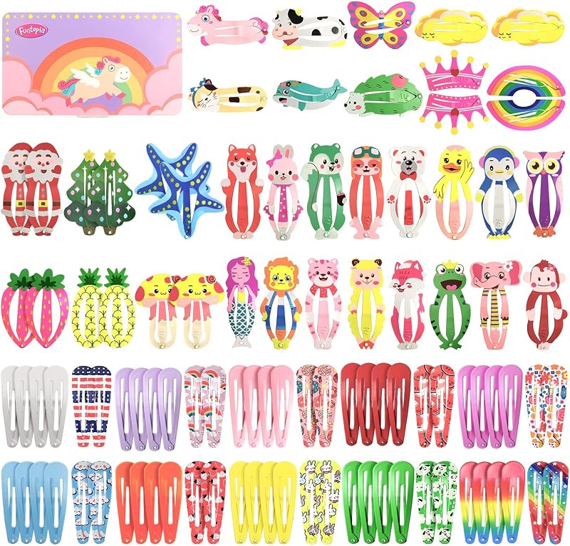 Hair Clips, Funtopia 100Pcs Cute Snap Clips Barrettes for Women Kids Girls | Colorful No Slips Metal Fruit Animal Hair Clip for Birthday Party Christmas Gift