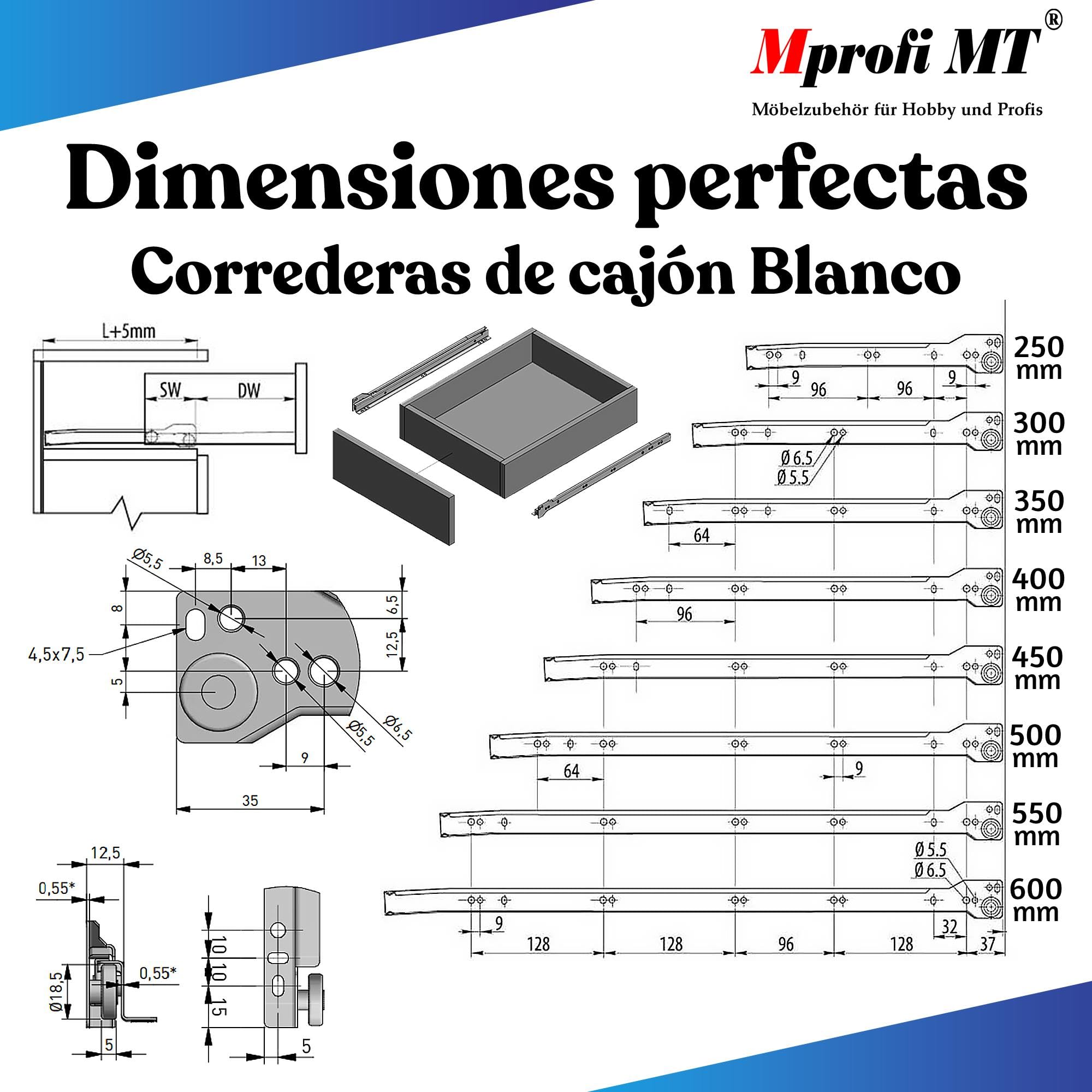 Mprofi MT® 20 Piezas, 10 Pares | Guías para Cajones | L:350mm | Correderas de Cajón | Extracción de Cajones | Rieles para Cajones | Guía de Bolas | Extracción Parcial