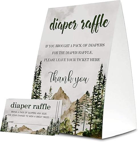 Boletos de rifa de pañales para baby shower, tarjetas temáticas de bosque, recuerdos de fiesta para baby showers, tarjetas de juego, 1 letrero y 50