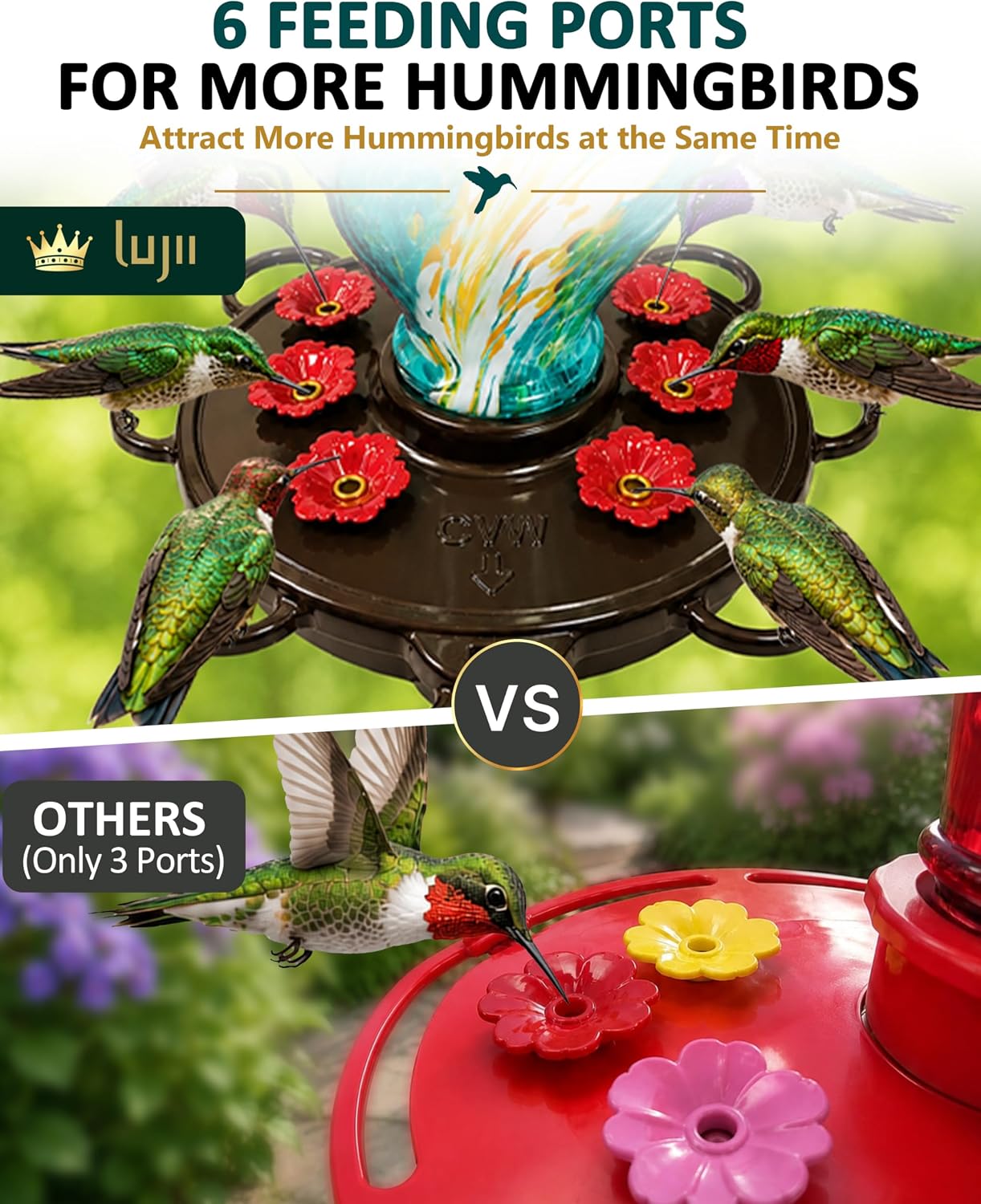 LUJII Smart Hummingbird Feeder with Camera for Outdoor Hanging, Hand Blown Glass, Solar WiFi Feeder with Live View App, 6 Feeding Ports, Leak-Resistant Design, Ant Moat & Gift Box, 28 fl oz, Teal image 4