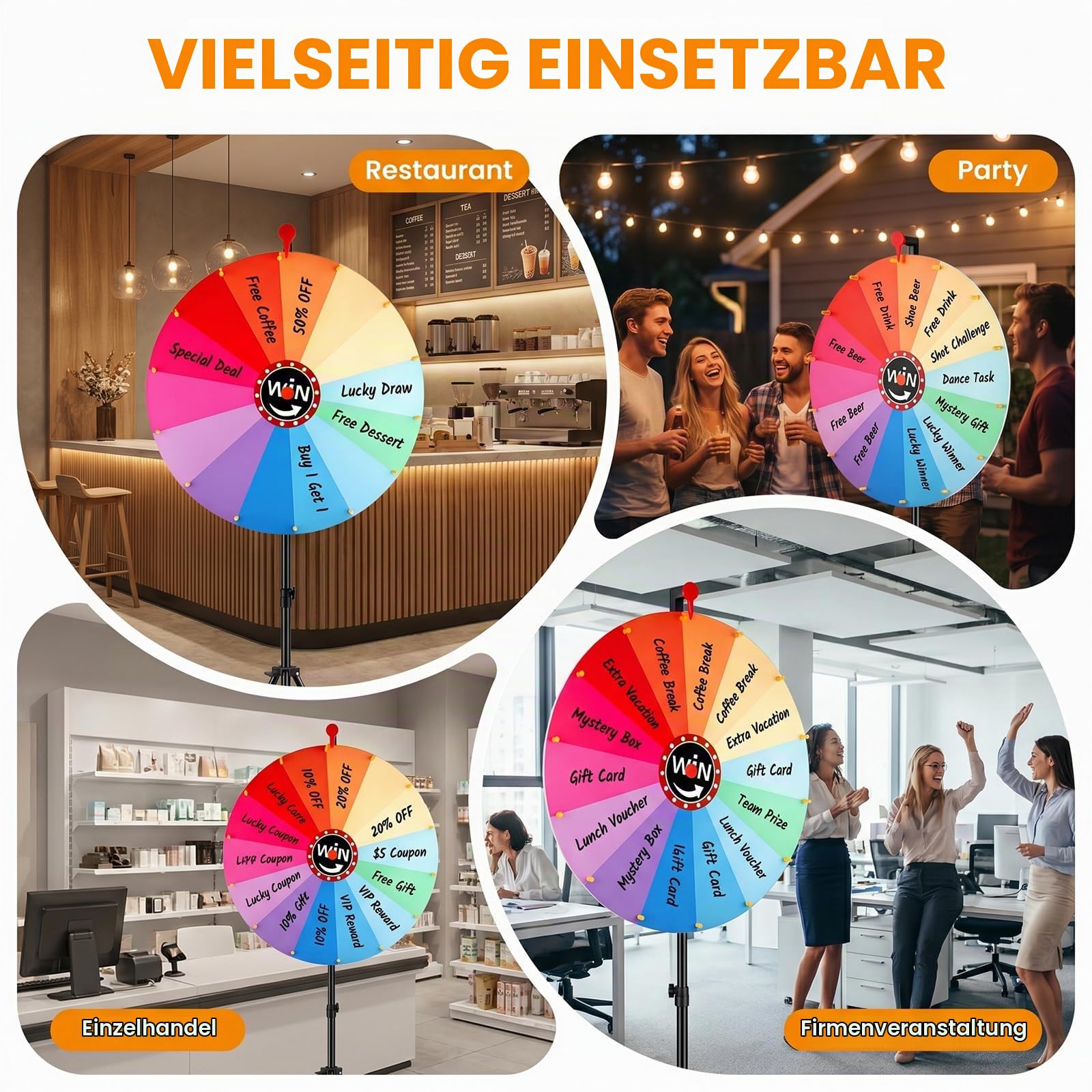 60 cm drehendes Preisrad,14 Farben, drehbares Kritzelspiel mit löschbarem Marker,verstellbar von 100 cm - 200cm, auf dem Boden stehend, verstaubares Glücksrad mit Ablage