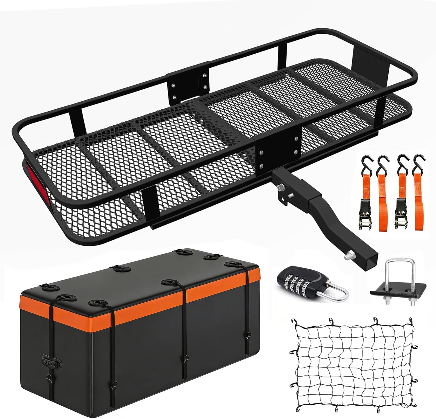 Heavy Duty Folding Hitch Mount Cargo Carrier, 500Lbs Load Capacity 60" L×20" W×6" H, Fold-Up Luggage Basket with Stabilizer, Waterproof Bag, Net, Ratchet Straps & Lock for SUV, Pickup