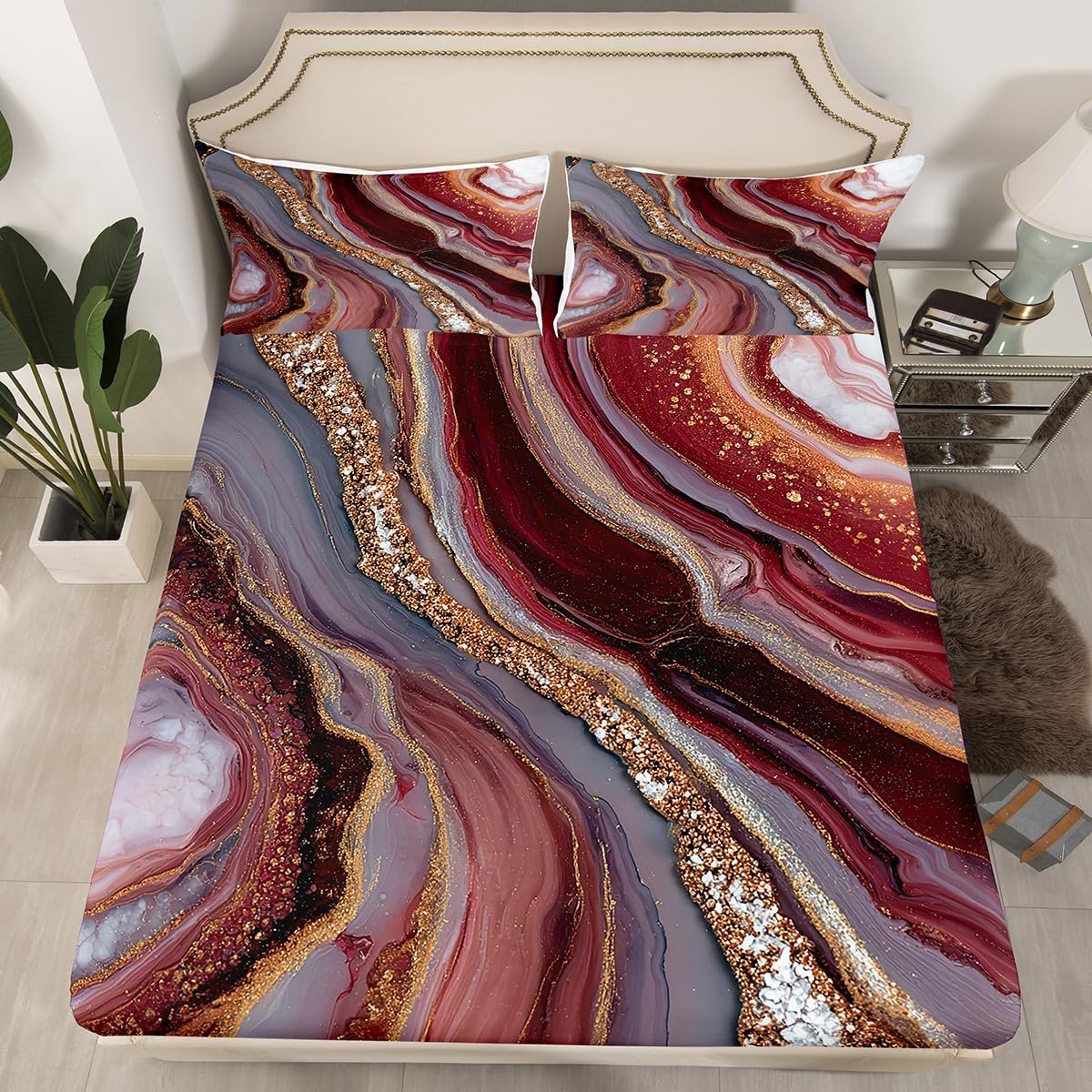 Erosebridal Reddish Brown and Gold Marble Full Bedding Set | Gradient Marbling Bed Sheets, Golden Glitter Print Abstract Fitted Sheet for Bedroom, Marble Stone Sheets