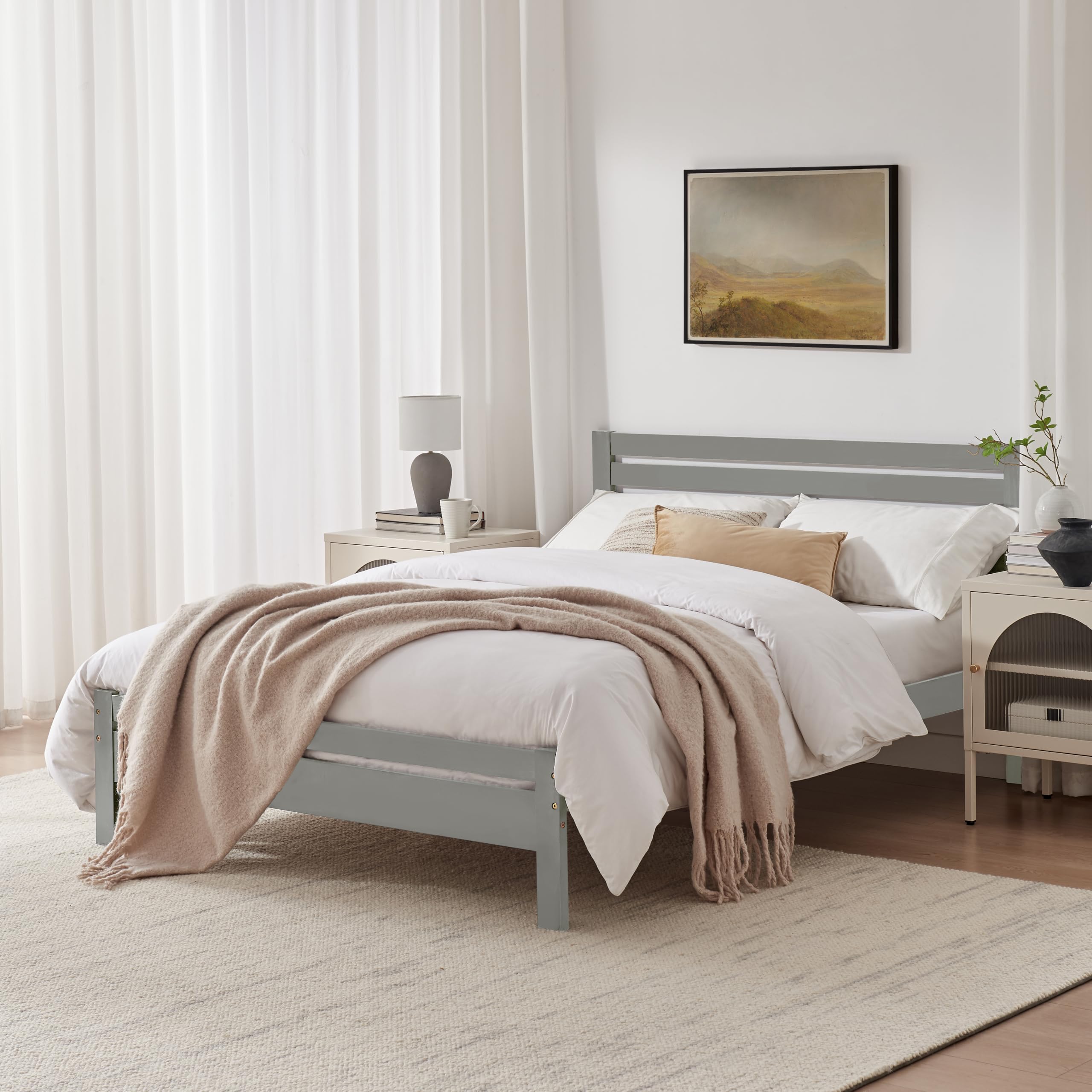 Furniturebox UK Wooden Double Bedframe - 'Declan' Solid Pine Double Bed With Light Grey Painted Finish - Simple Timeless Scandi Inspired Wood Bed For Modern or Traditional Bedrooms