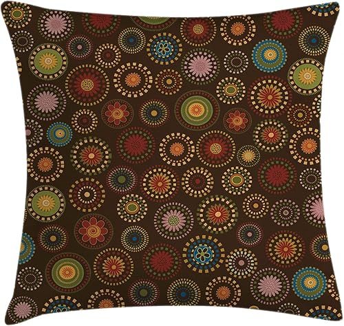 Ambesonne Funda de cojín de cabaña, formas circulares de mandala inspiradas en las flores orientales adornadas redondas con un diseño vintage, funda