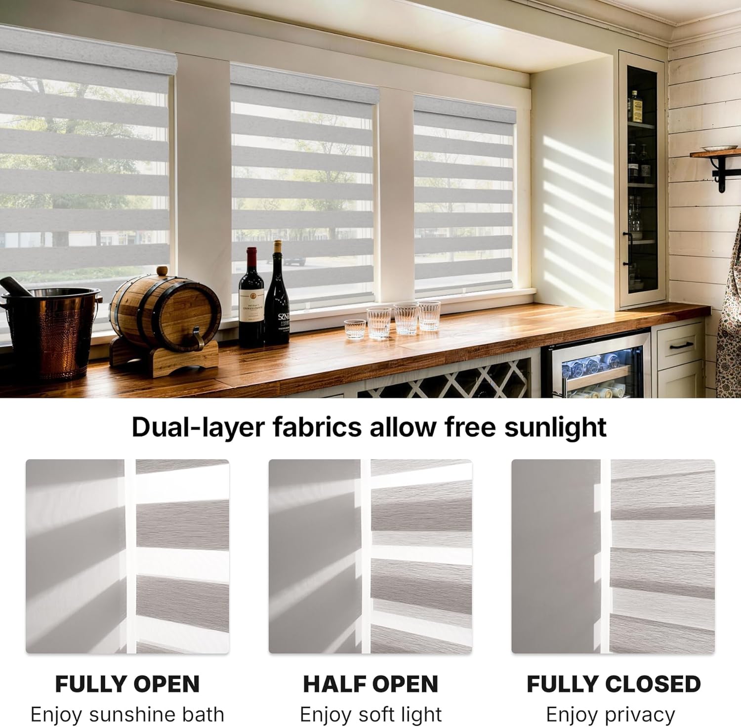 HESTIA Cordless Light Filtering Zebra Shades, Linen-Like Fabric Blinds for Indoor Windows, Dual Layer for Day & Night Light Control in Bedroom/Living Room/Office, Grey, 48" W x 72" H