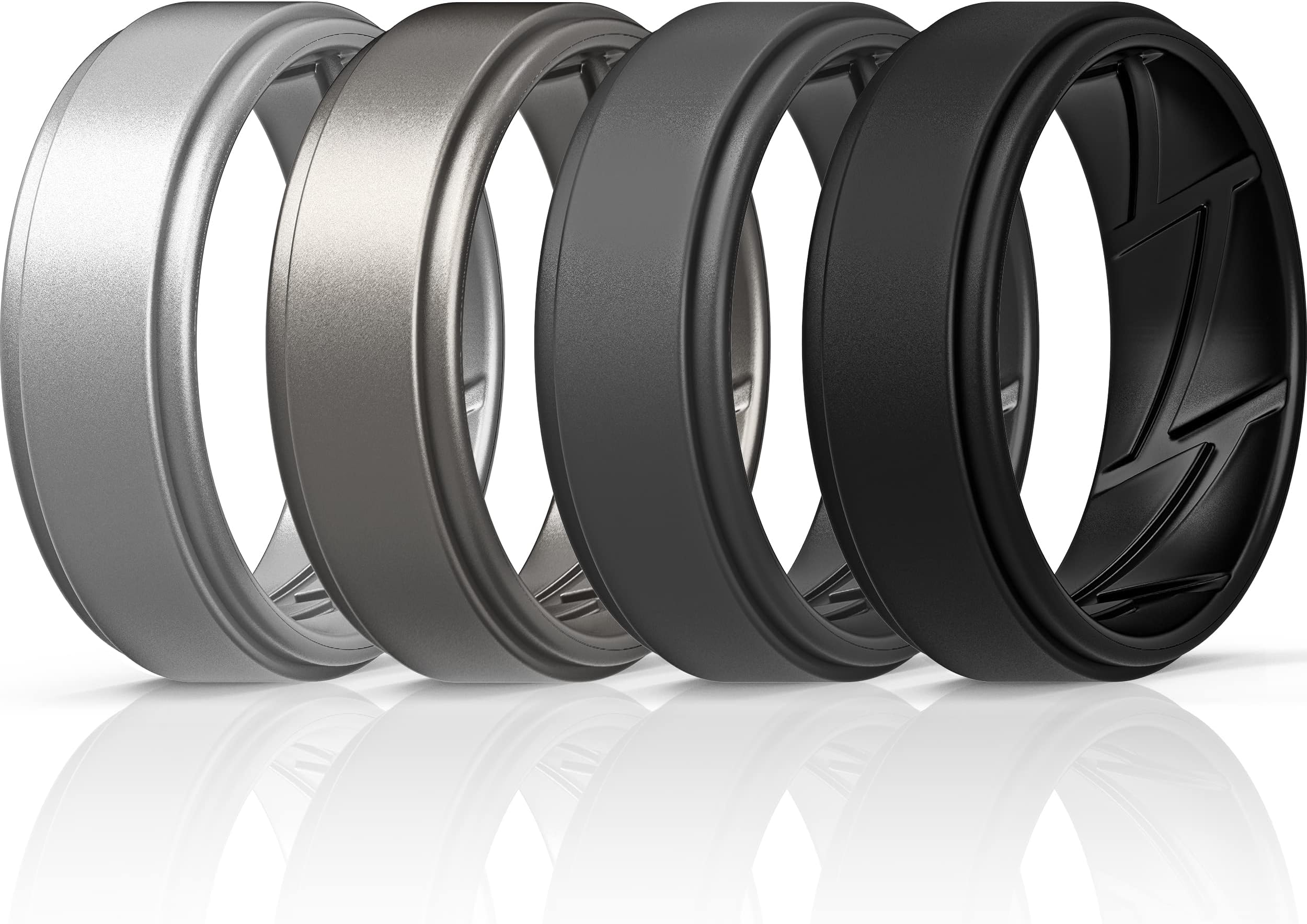 Silicone Wedding Rings for Men Breathable Airflow Inner Grooves, Step Edge Sleek Design Rubber Engagement Bands 8mm Wide 2mm Thick, Variety Multipack 1-7