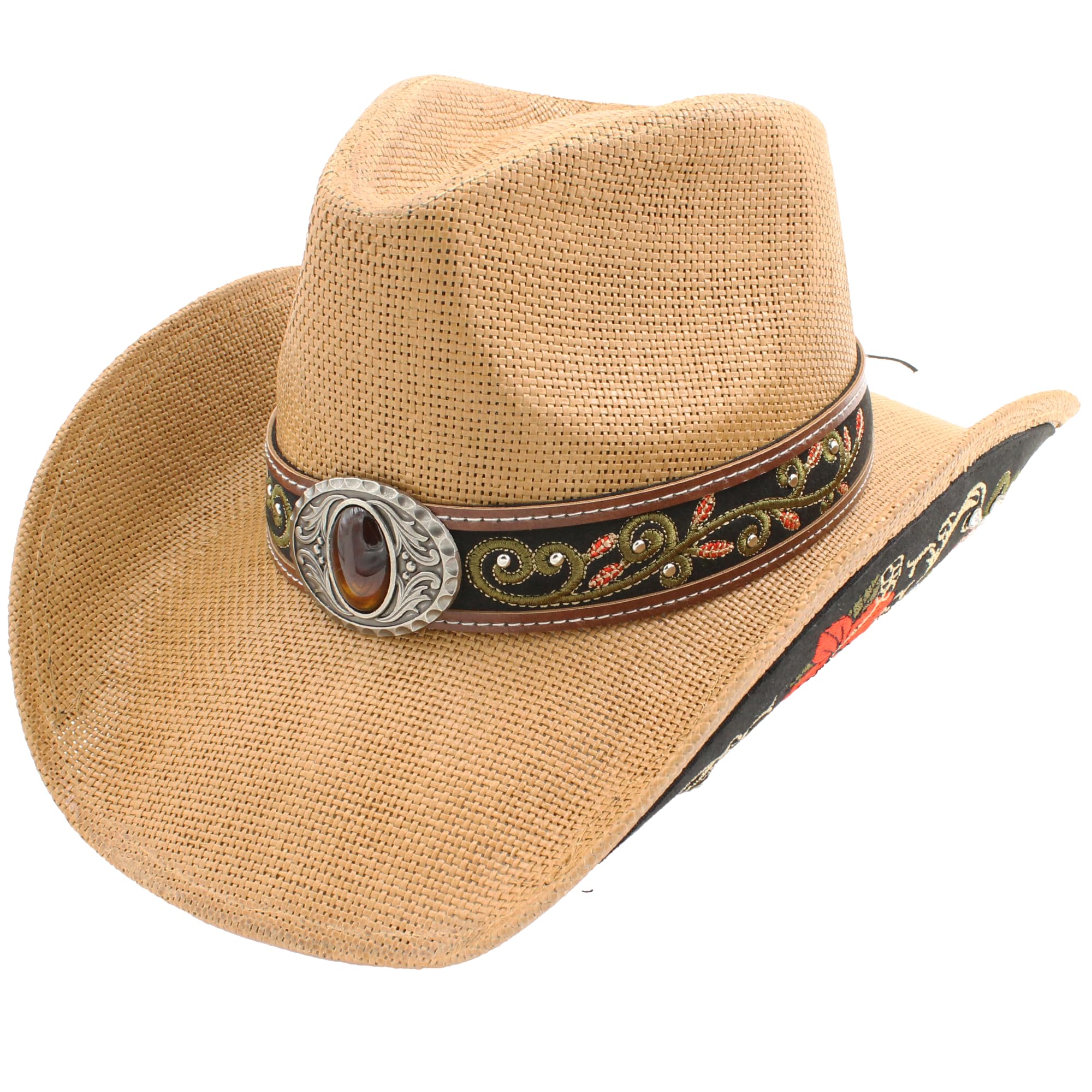 Carnavalife Sombrero de Cowboy/Cowgirl de Paja Fuerte Panamá, Sombrero Texas, Sombrero Vaquero Bordado Floral Unisex Talla única Hombre Mujer Coachella