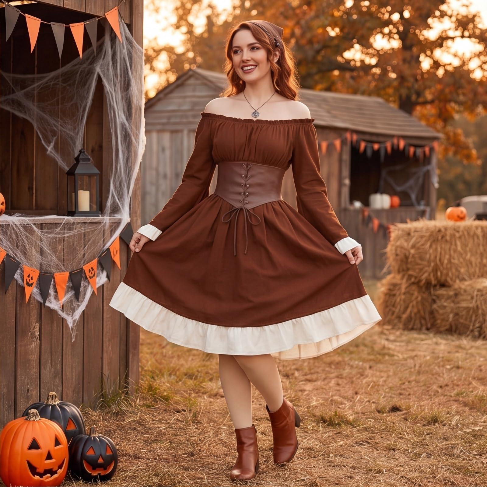 Générique Robe Gothique Femme Épaules Nues Manches à Volants Taille Lacée Jupe Asymétrique, Tissu Fluide Léger pour Soirées Déguisées Halloween Carnaval