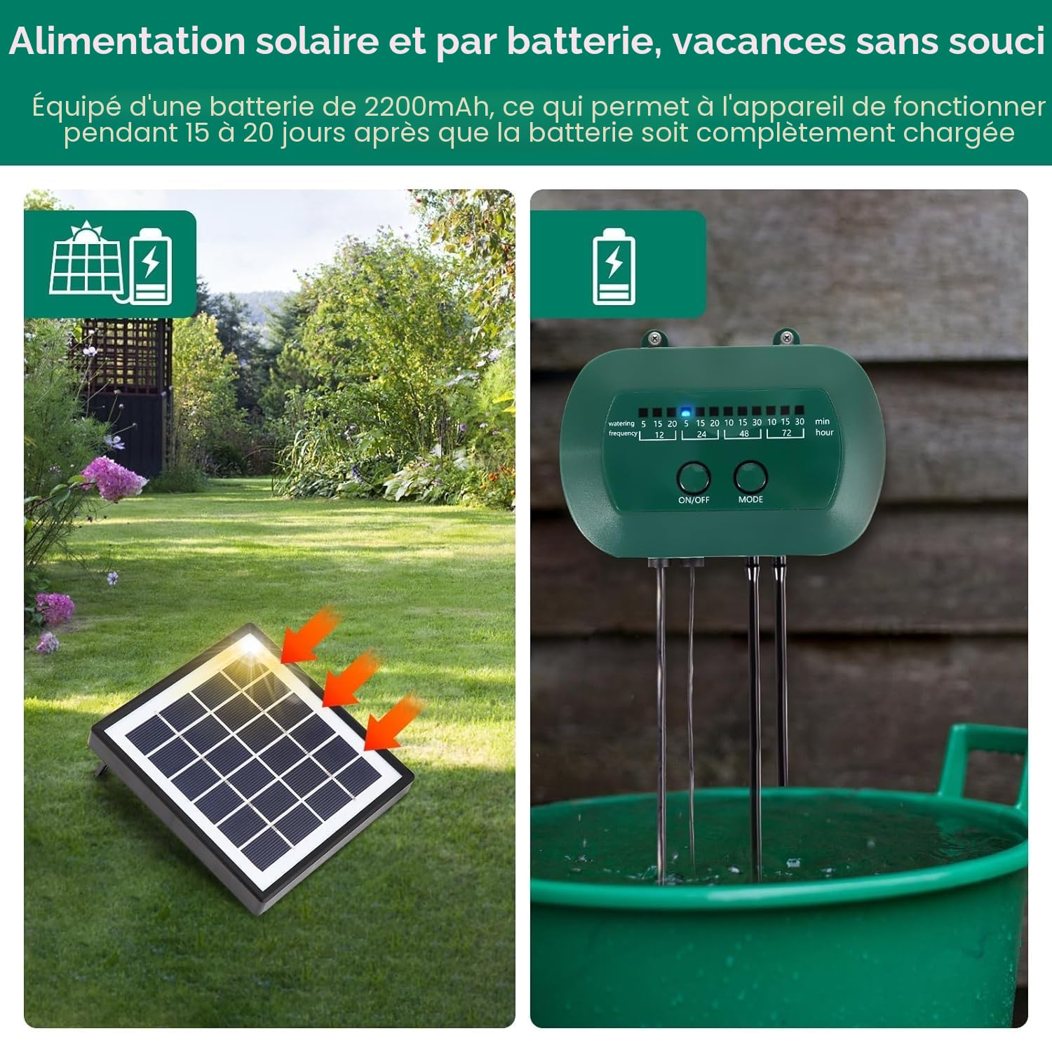 Système d'irrigation solaire, goutte-à-goutte automatique, design anti-siphon pour plantes en pot, serre, 12 modes de minuterie, appareil d'arrosage de plantes + tuyau de 15 m