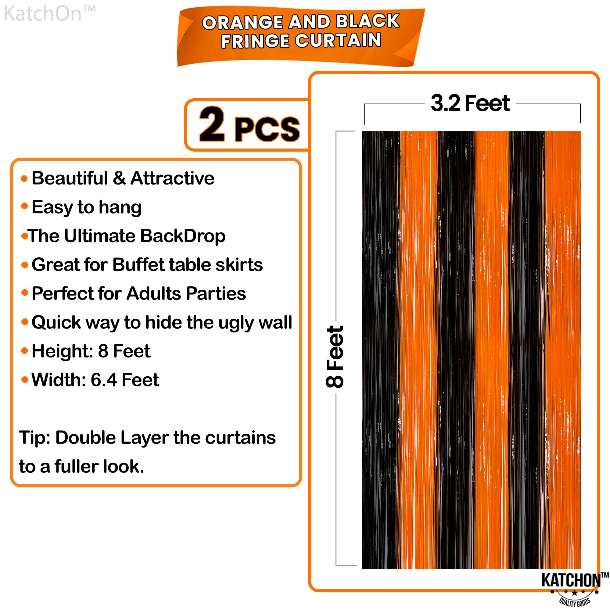 KatchOn, Cortina de flecos de papel de aluminio negro y naranja, extra grande de 3.2 x 8 pies, paquete de 2, serpentinas naranjas y negras, decoraciones de Halloween, cortina de fondo con flecos para