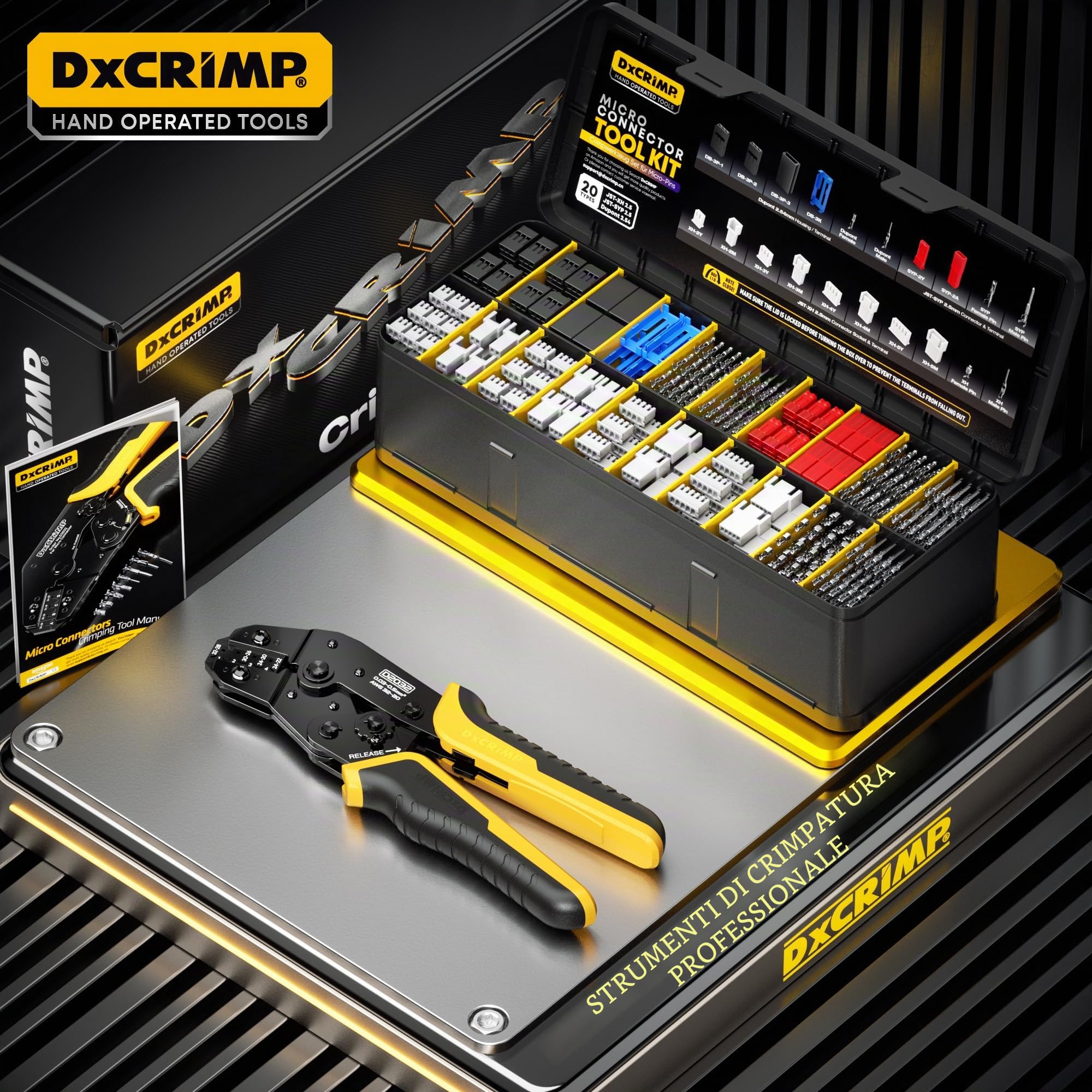 DxCRIMP JST Set pinza crimpatrice 20 stili SYP + XH + RC, set di utensili per crimpare [0,03-0,5 mm²] compatibile con connettori AMP, Molex, Futaba, Dupont e altri connettori
