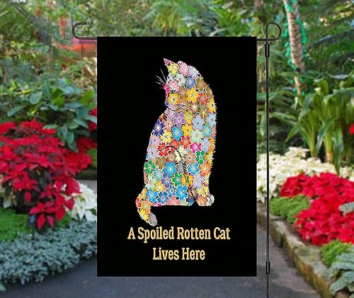 Miniatura 4 de Bandera de jardín con gato podrido y mimado, decoración de banderas de jardín de gato de doble cara, colorido diseño de bienvenida, regalo para