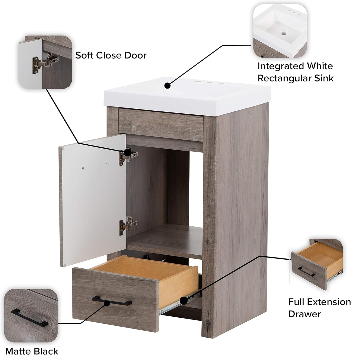 Woodcrafters Home Products Nixie Bathroom Vanity with Sink, 18.5 in. x 16.75 in, White Washed Oak - - 