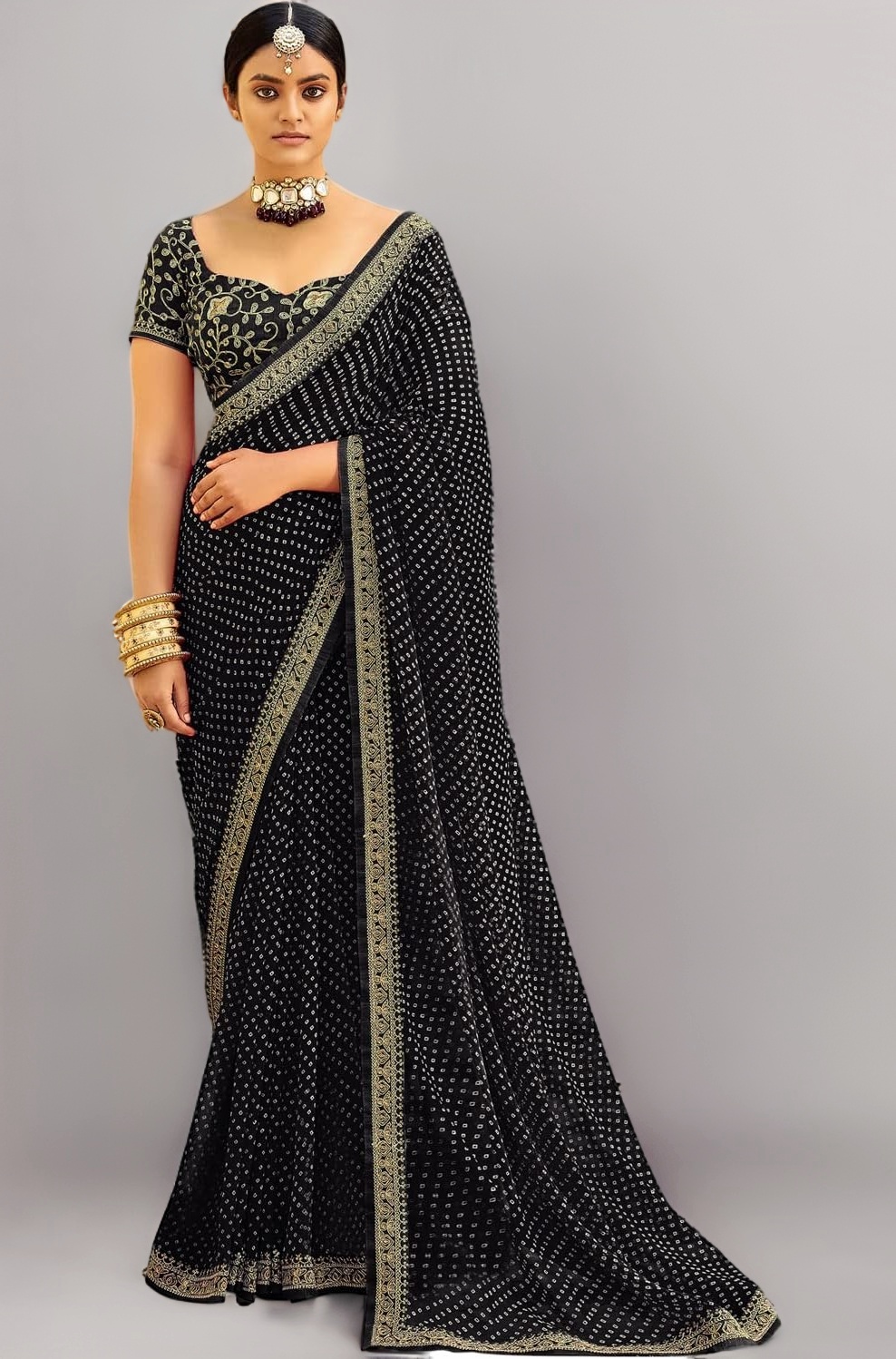 SIRIL Women's Bandhani Printed Embroidery Lace Georgette Saree with Unstitched Blouse Piece