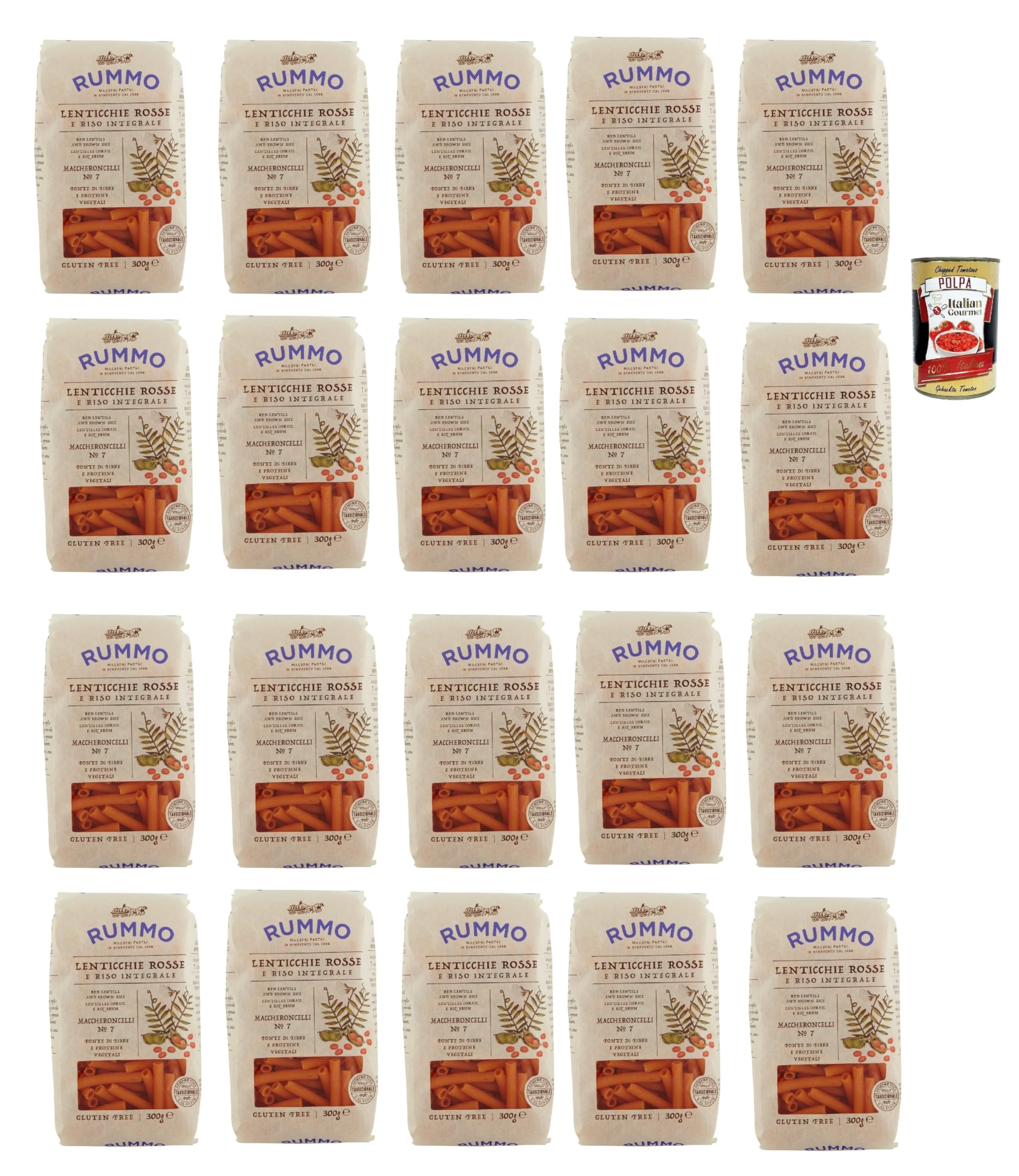 Italian Gourmet Maccheroncelli N°7 pasta lenticchie rosse riso 20 x 300g | Senza glutine, glutenfrei, mit integraler Reisbasis und Hülsenfrüchten, kurze, Gesamtnettogewicht 6 kg + Kostenlos Polpa 400g