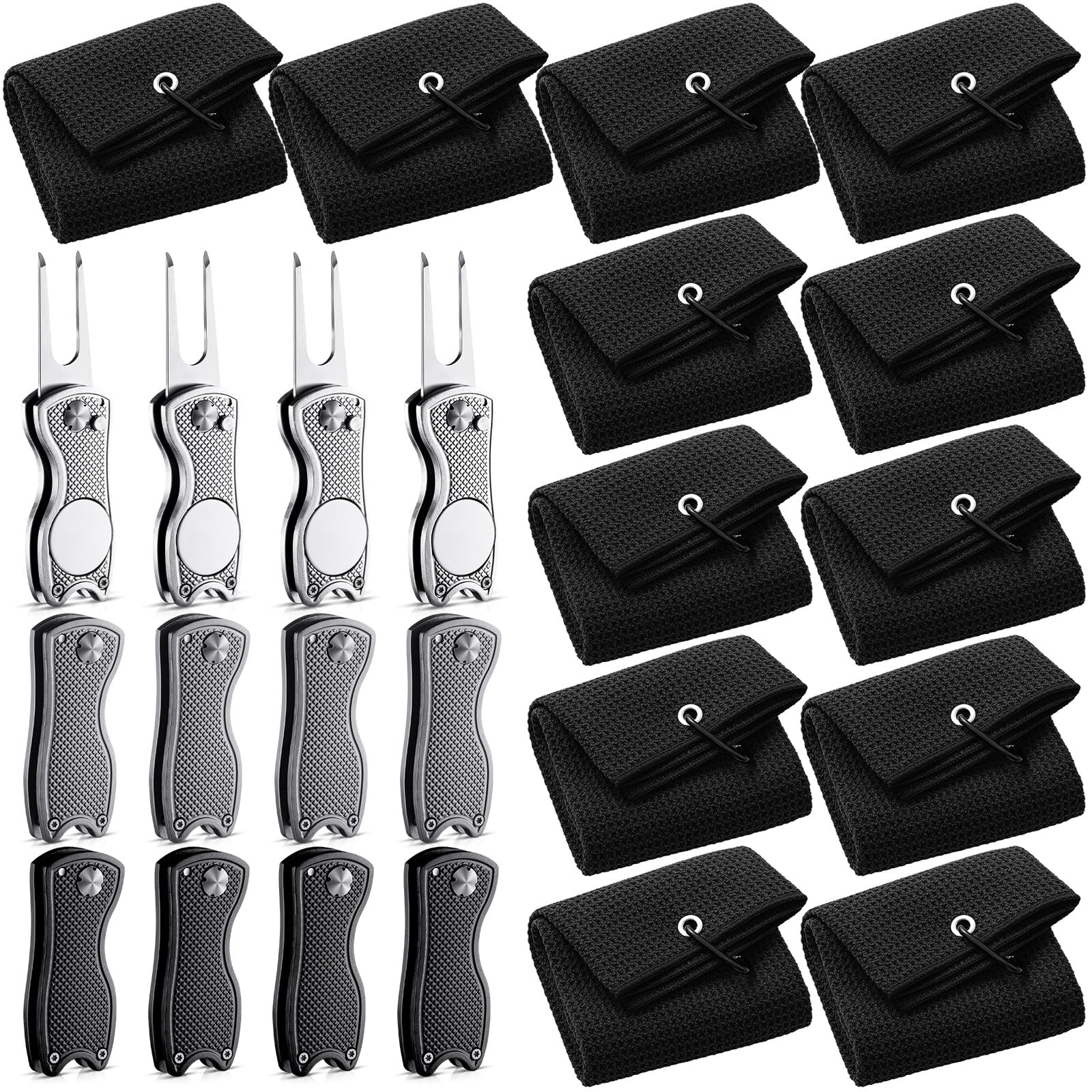 Photo 1 of **FACTORY SEALED** Poen 24 Pcs Golf Accessories, 12 Pcs 3 Colors Foldable Metal Golf Divot Repair Tools, 12 Black Towels with Carabiner Clip, Bulk for Golfers Prizes Gifts Club Supplies