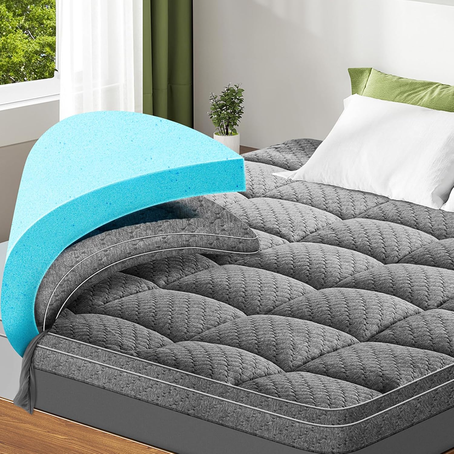 Dual Layer 3 Inch Memory Foam Mattress Topper Twin Size, 2 Inch Cooling Gel Memory Foam Plus 1 Inch Down Alternative PillowTop Mattress Pad Cover with 8-21 Inch Deep Pocket Grey Twin Dual Layer Gray