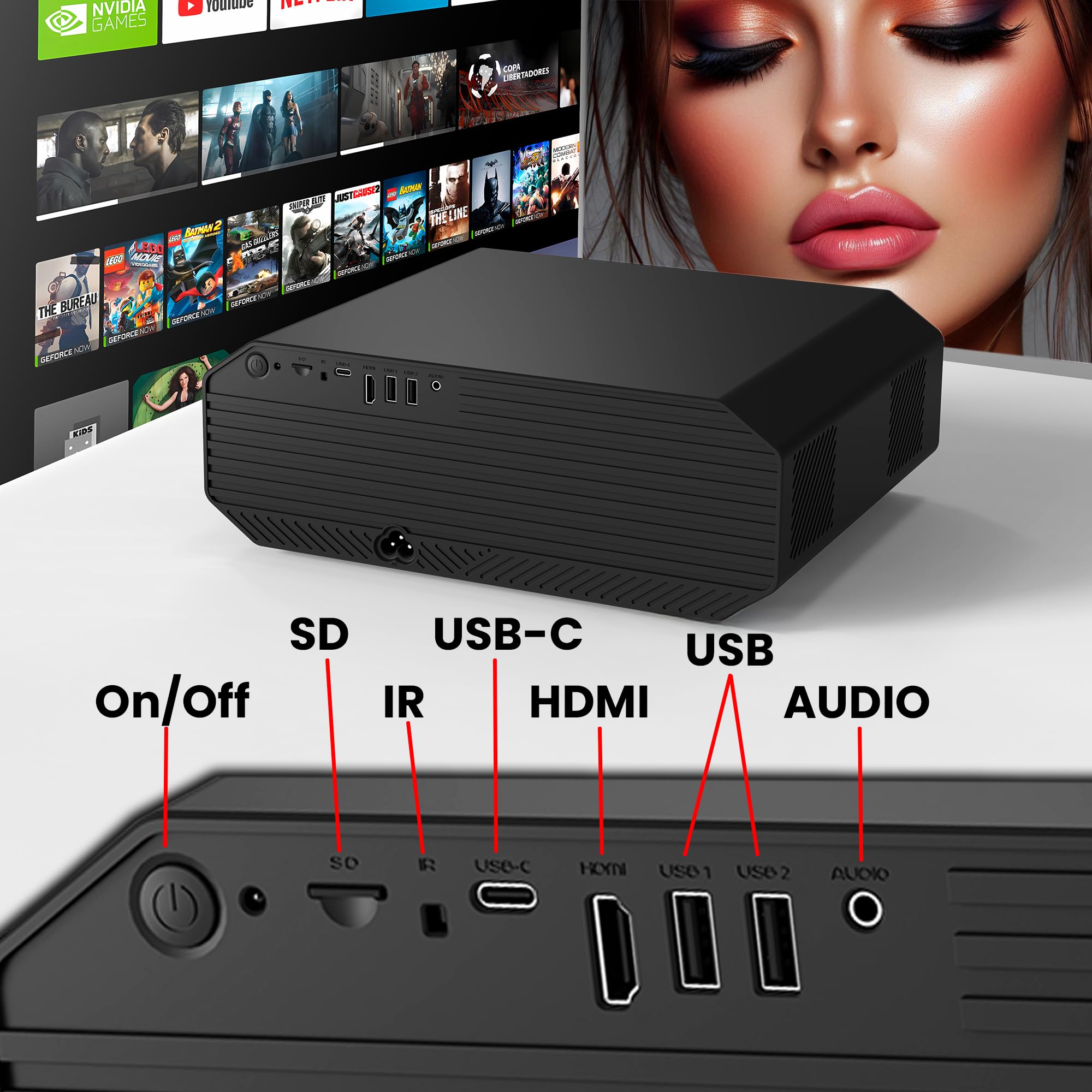 Proyector 4K, Unicview K5000, 1800 ANSI lúmenes, Cine en casa y presentaciones, Enfoque motorizado, Keystone 4D, Zoom Digital, HDMI, USB-C, Jack 3.5, Altavoces 10W (AndroidTV)