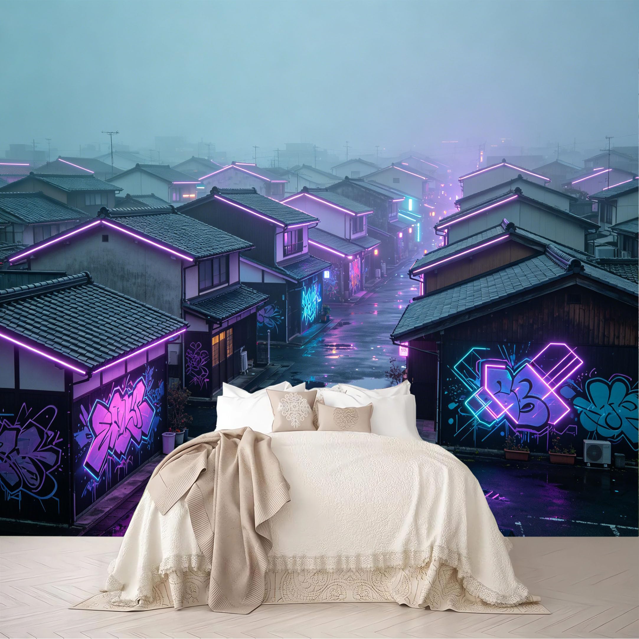 Dskjoviality Ab260706075 Custom Size Wall Murals Purple Neon Graffiti Traditional Town Rain Street Removable Self-Adhesive For Bedroom Living Room Dining Room