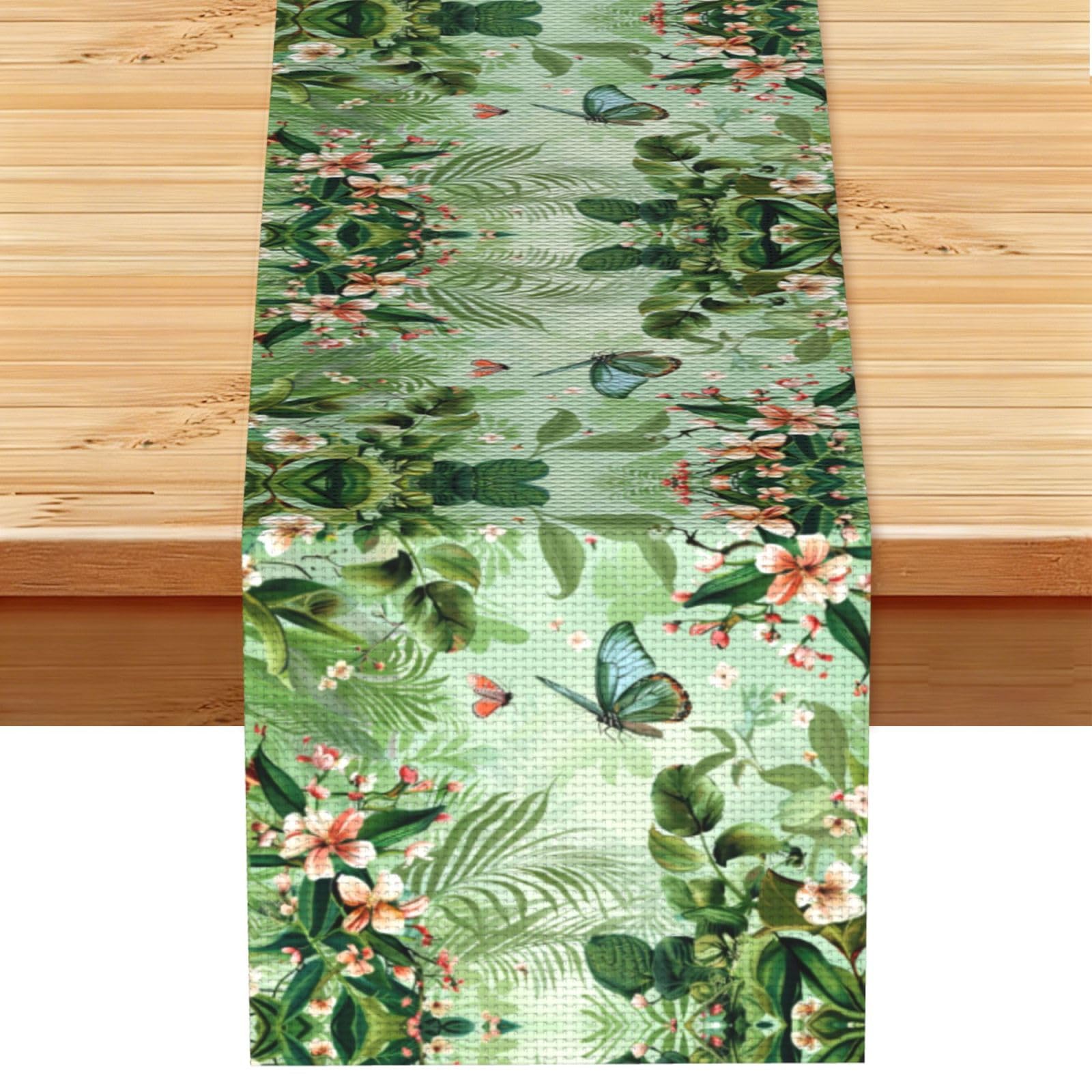 Dreamy Green Butterfly Printed Table Runner 13 x 72, Wrinkle Resistant Decor for Dining Table Coffee Table Fireplace